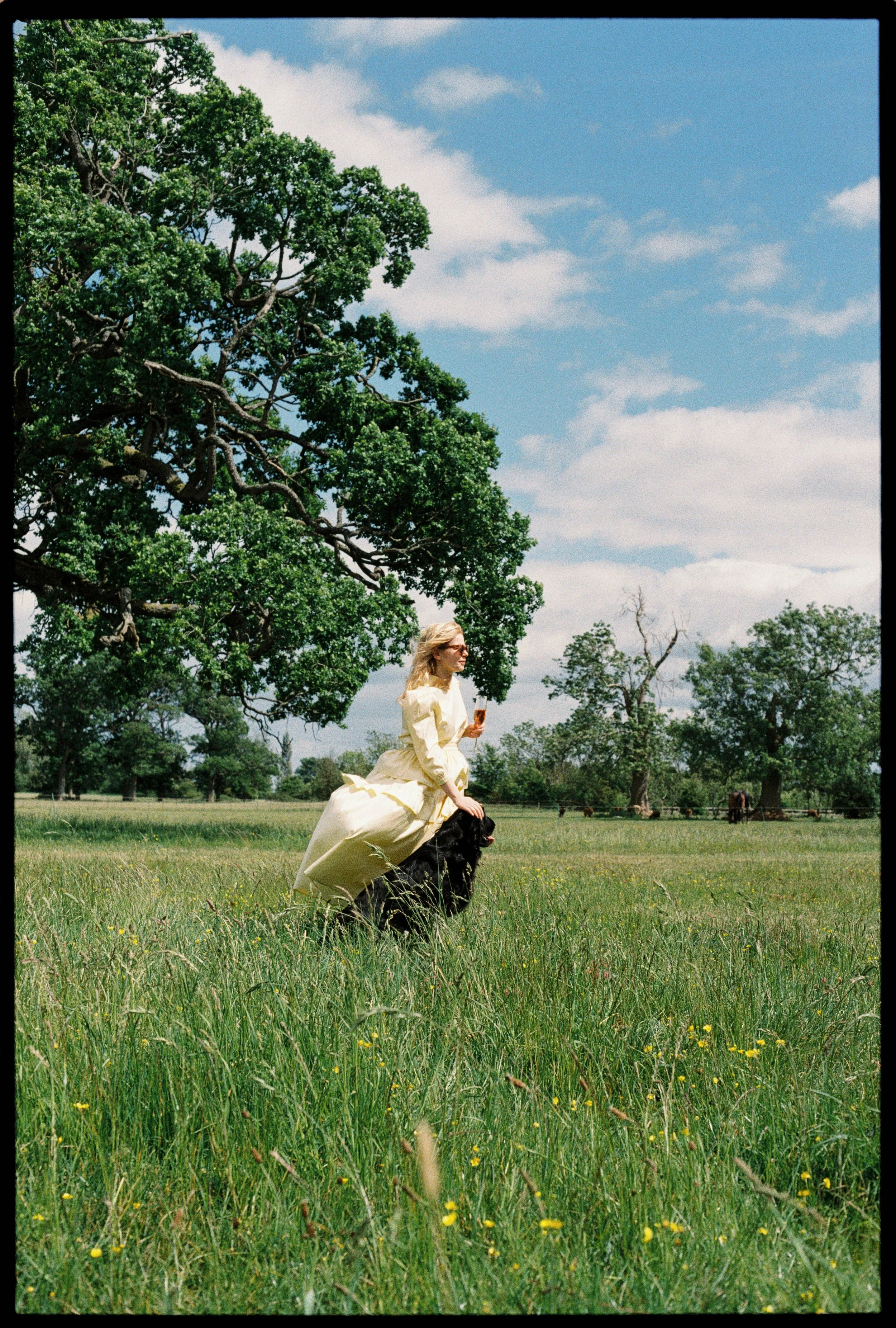 A woman in a vintage yellow dress riding a black dog across a grassy field under a partly cloudy sky, with large trees in the background.