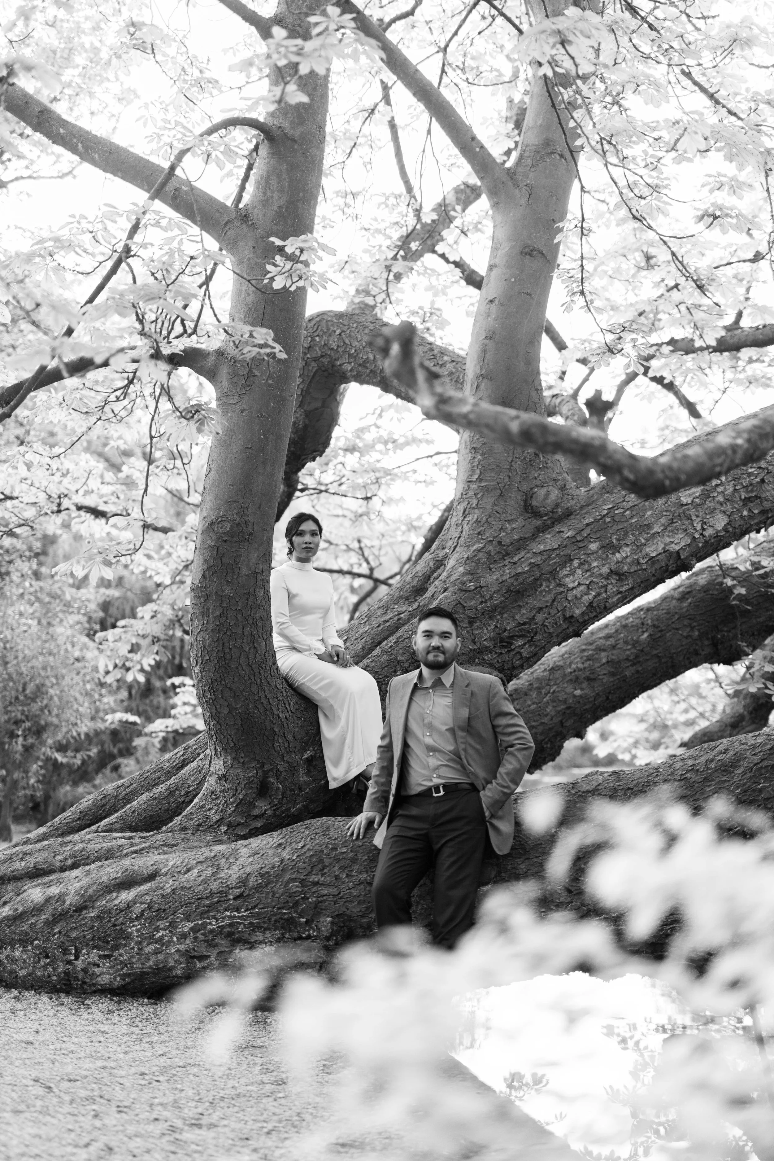 A black and white photo of a man and woman outdoors near a large tree with sprawling branches. The woman is sitting on a branch, and the man is leaning against the trunk on a lower branch.