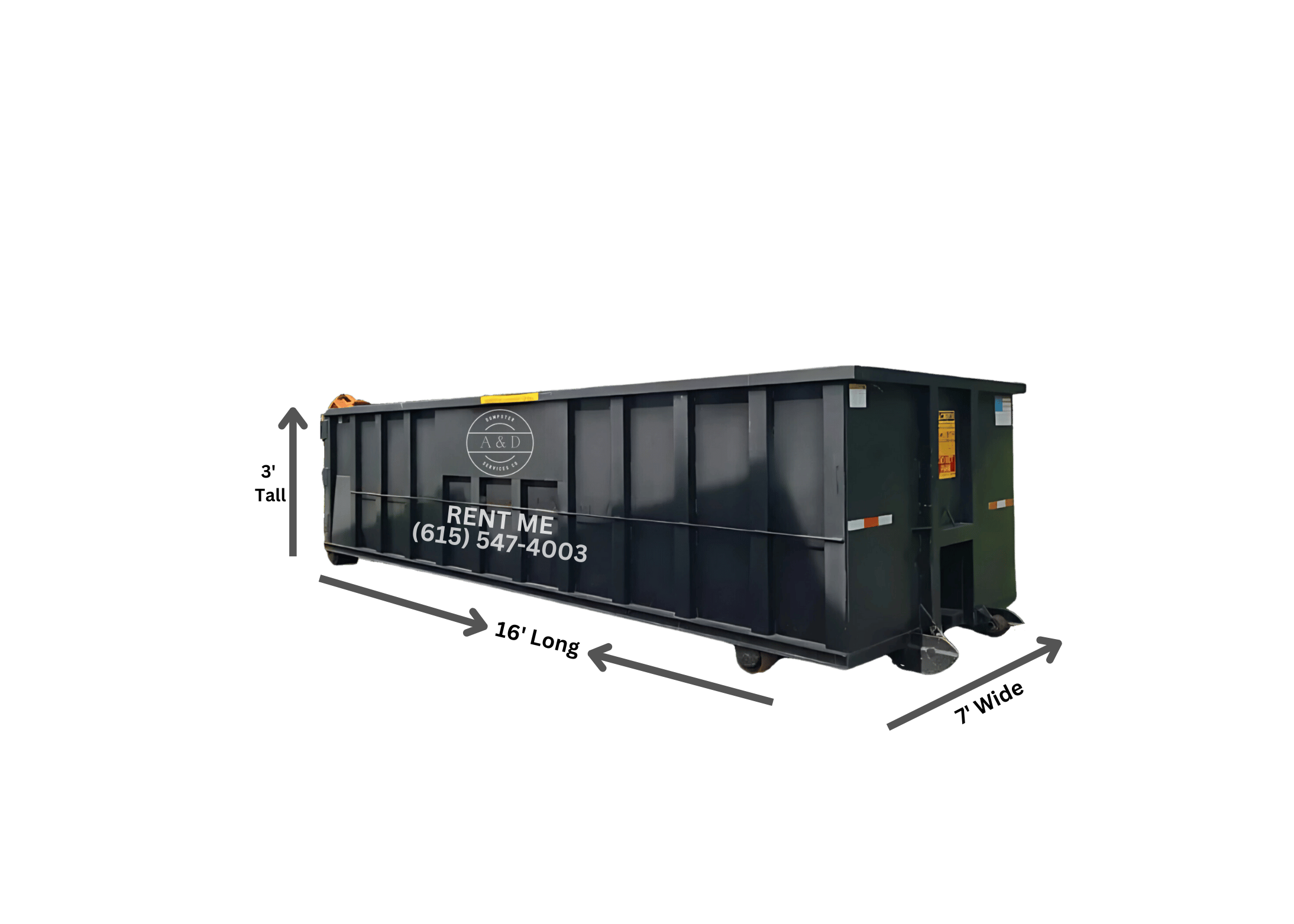 A black dumpster with dimensions of 16 feet long, 7 feet wide, and 3 feet tall, labeled with a sign that reads 'RENT ME' and a phone number, placed against a plain white background.