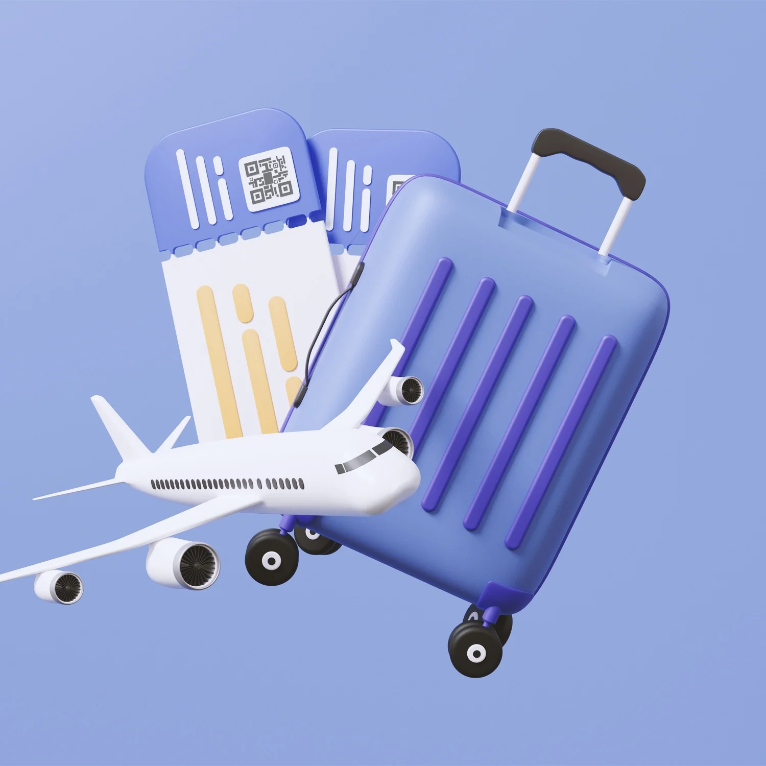 A blue carry-on suitcase, a white airplane model, and two boarding passes with QR codes on a light blue background.