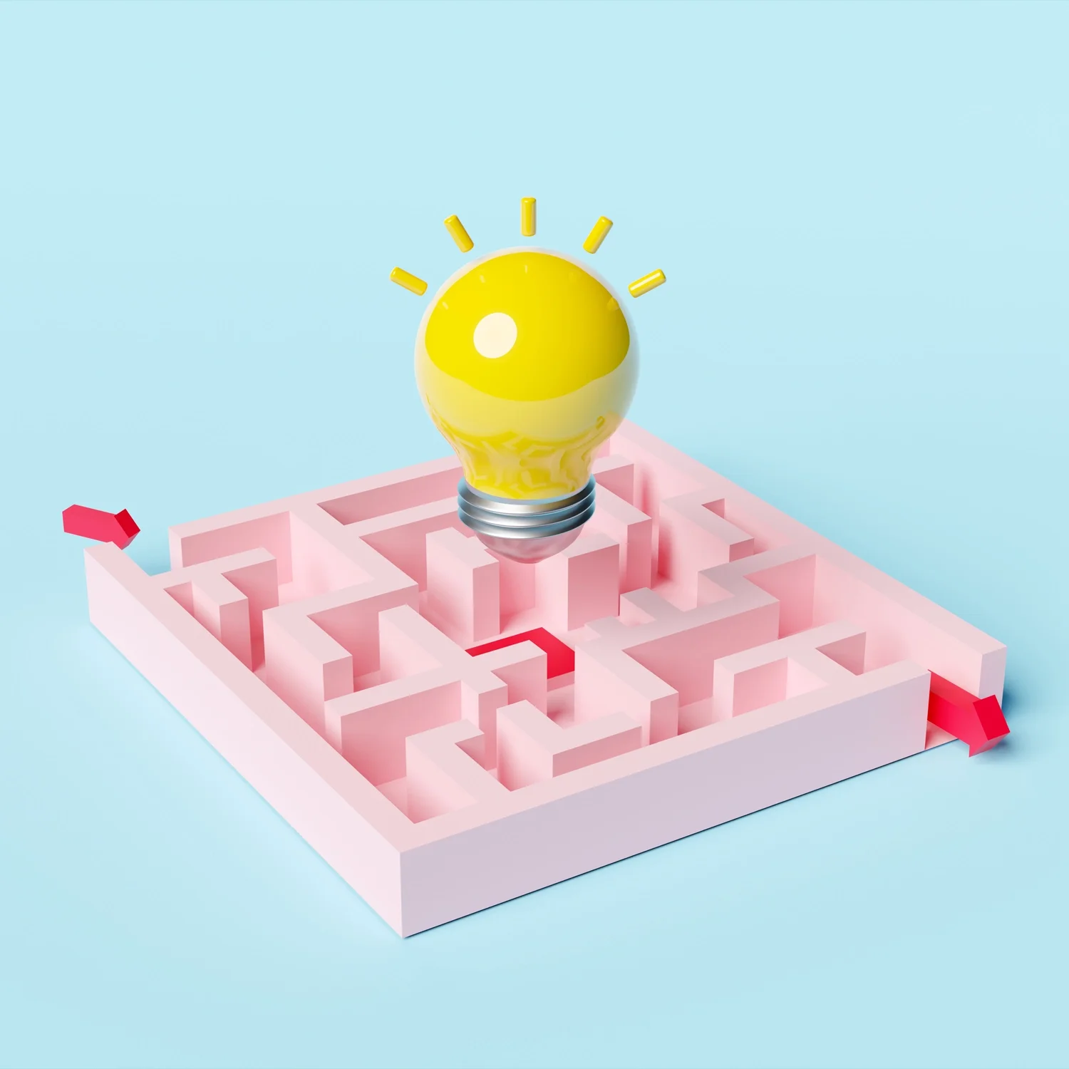 A pink maze with red arrows at the start and end points, and a yellow lightbulb floating above it.