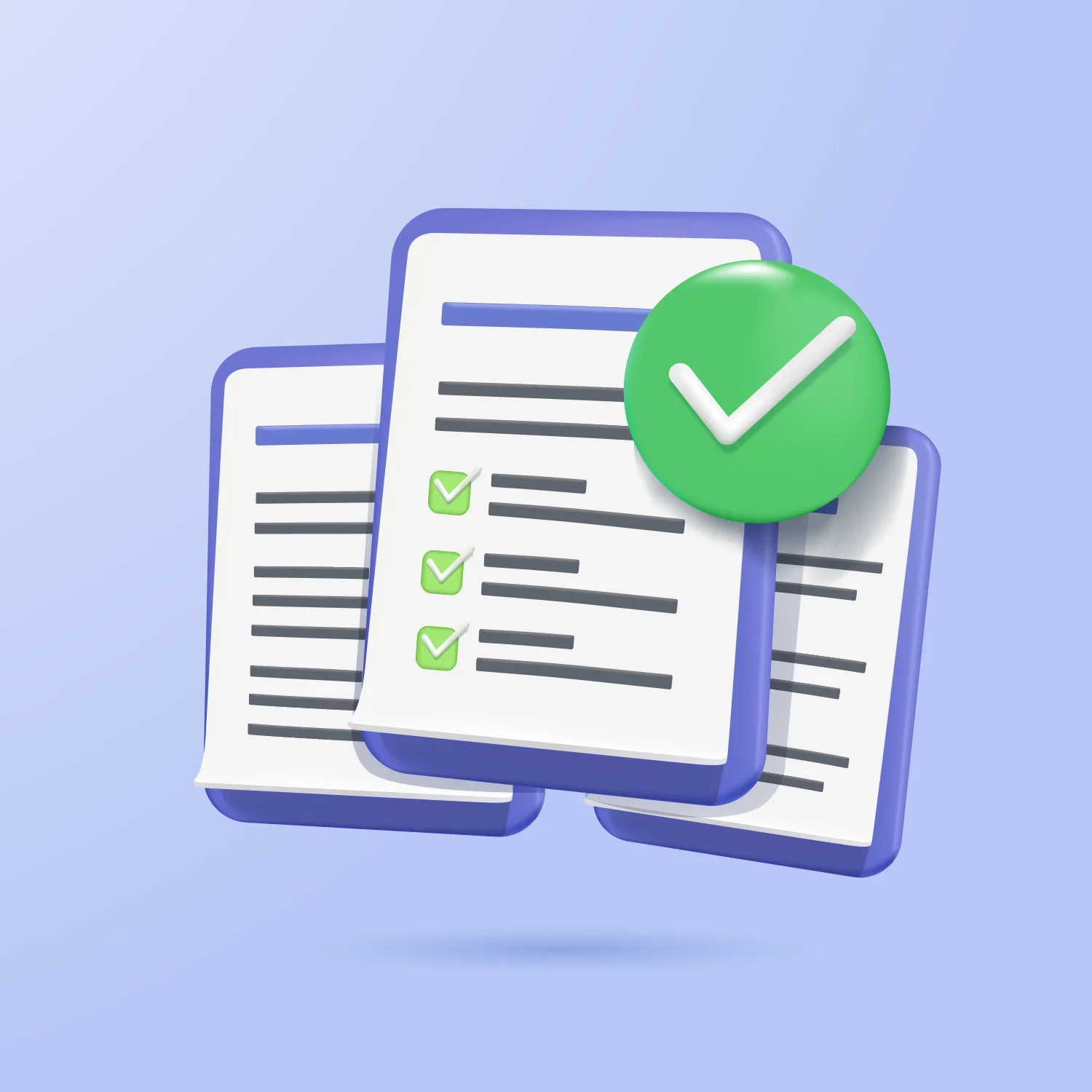Three documents with check marks on the first one and a large green check mark icon on top, indicating approval or completion.