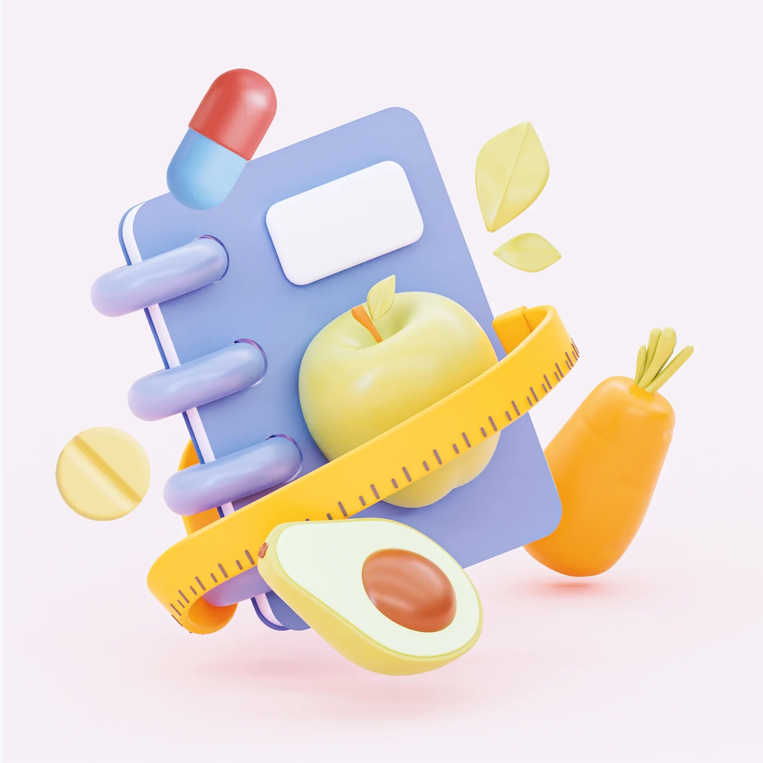 A digital illustration of health and nutrition related items including a smartphone, a yellow apple, a carrot, a spoonful of an avocado, and a measuring tape arranged around the phone.