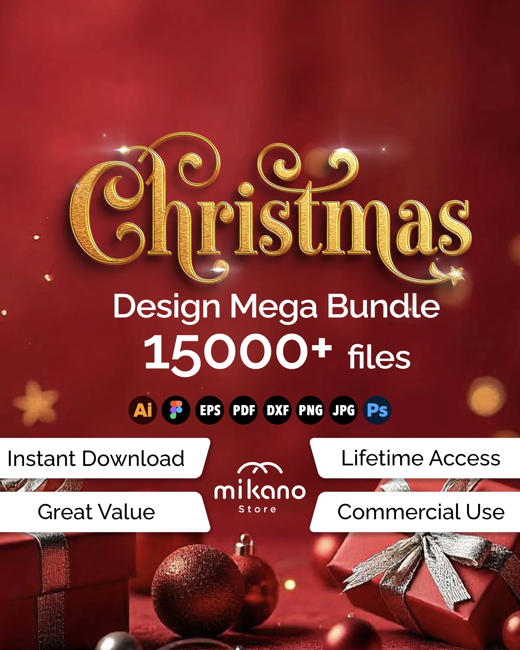 Christmas SVG Bundle cover image showing 15000+ holiday-themed designs including Santa, ornaments, snowflakes, Christmas quotes, and festive clipart in SVG, PNG, EPS