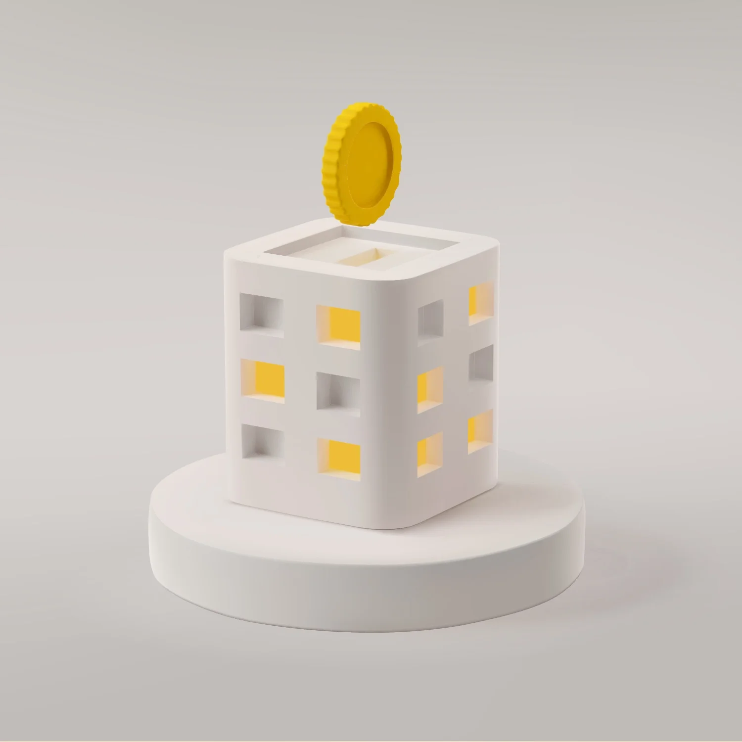 A white building model with yellow windows and a yellow coin on top, placed on a round white platform.