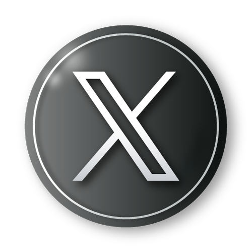 Black circular icon with a silver letter "X"