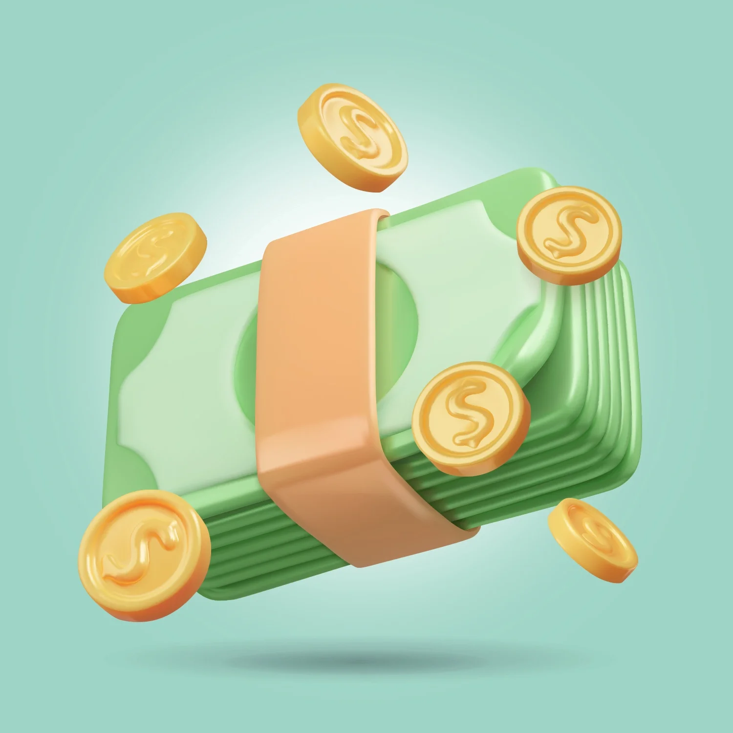 Digital illustration of a stack of green soap bars with gold coins hovering around and a pink ribbon wrapped around the soap.