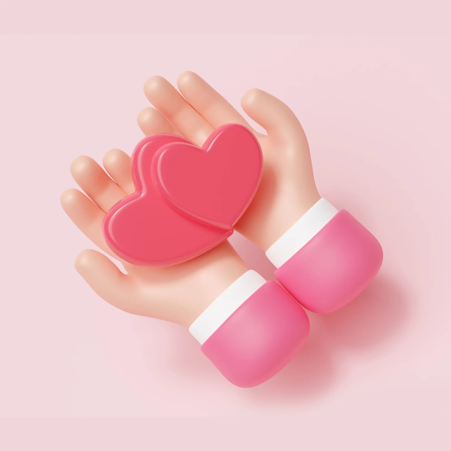 Two dolls' hands wearing pink and white cuffs, holding a pink heart-shaped object against a light pink background.