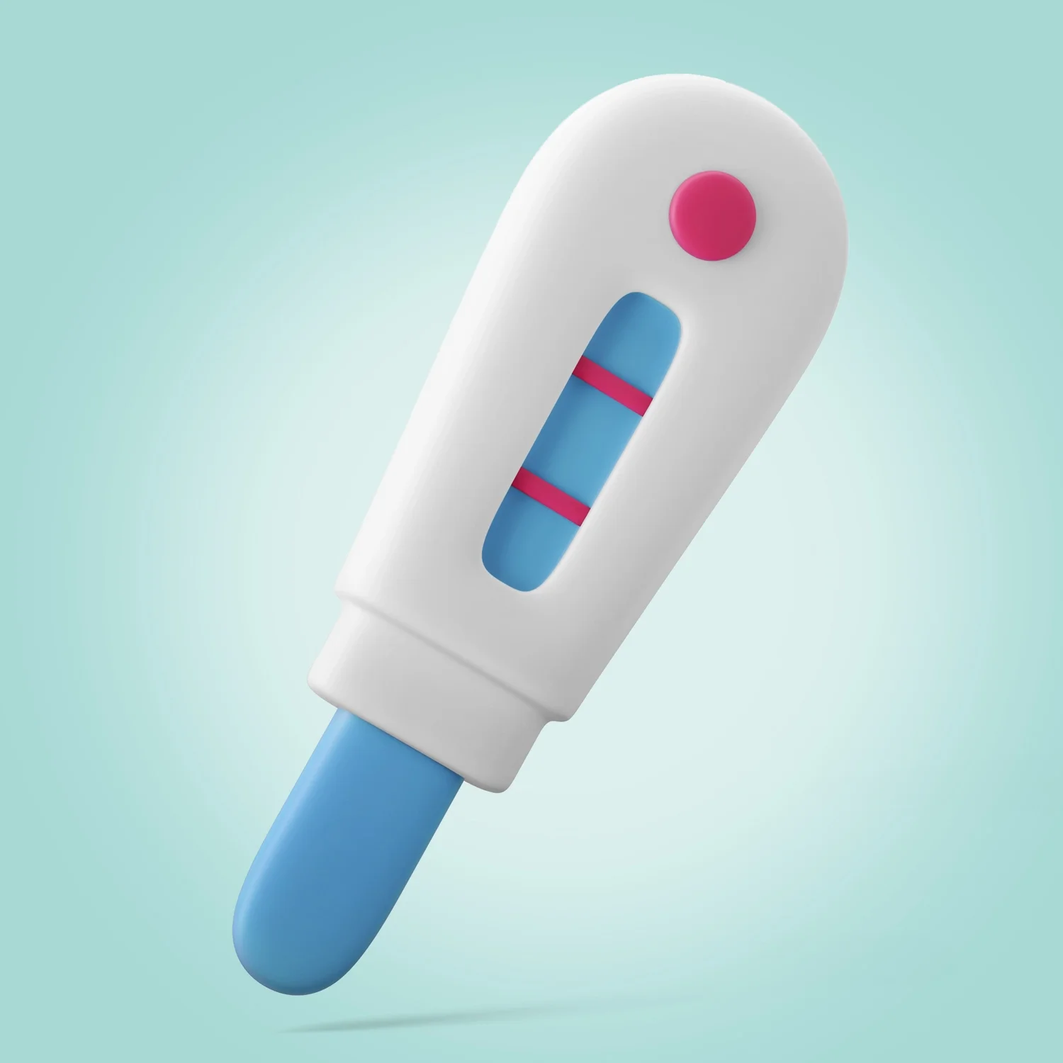 A digital thermometer with a white body, blue tip, and a display showing red lines indicating temperature readings, against a light blue background.
