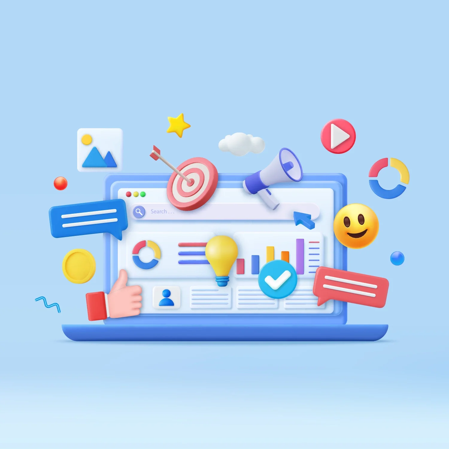 Digital marketing or online analytics illustration with icons representing search, social media, growth, ideas, and engagement on a laptop screen.