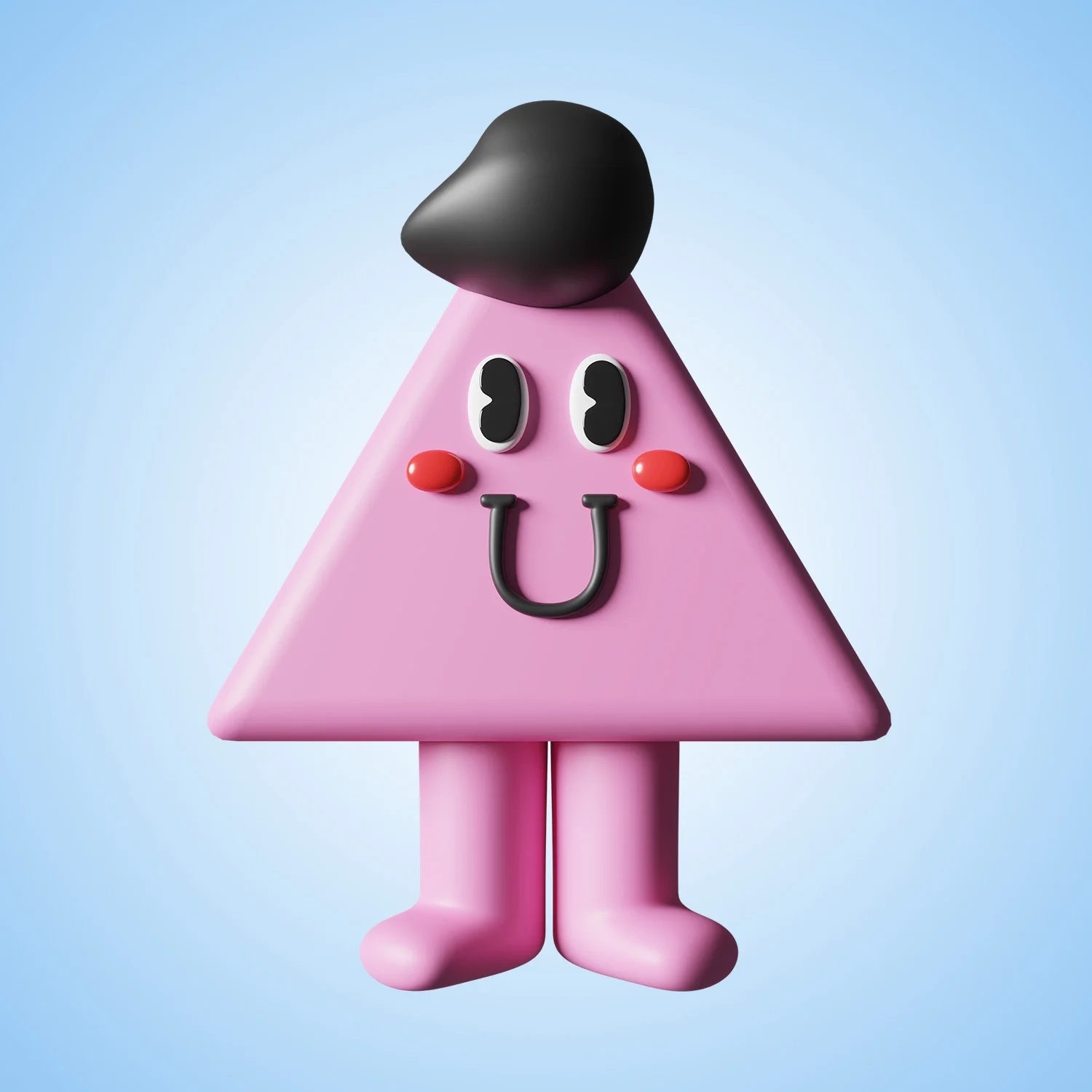 A pink, cartoonish character with a pyramid-shaped body, smiling face, and black hair styled in a topknot. It has eyes, red cheeks, and a U-shaped mouth. The character also has pink legs and feet against a light blue background.