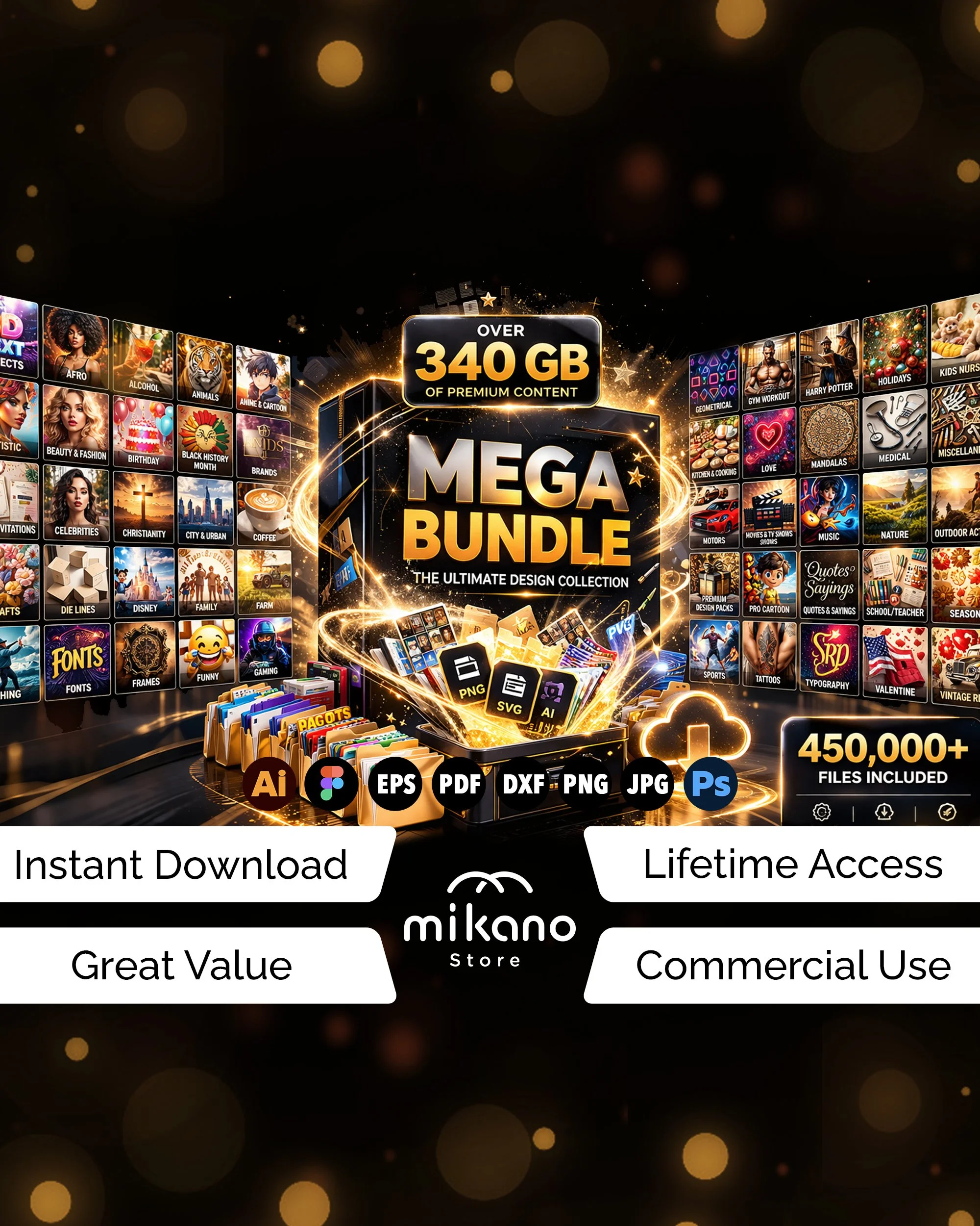 One massive bundle for Cricut, sublimation, POD, and digital products, 450,000+ files with commercial use included.