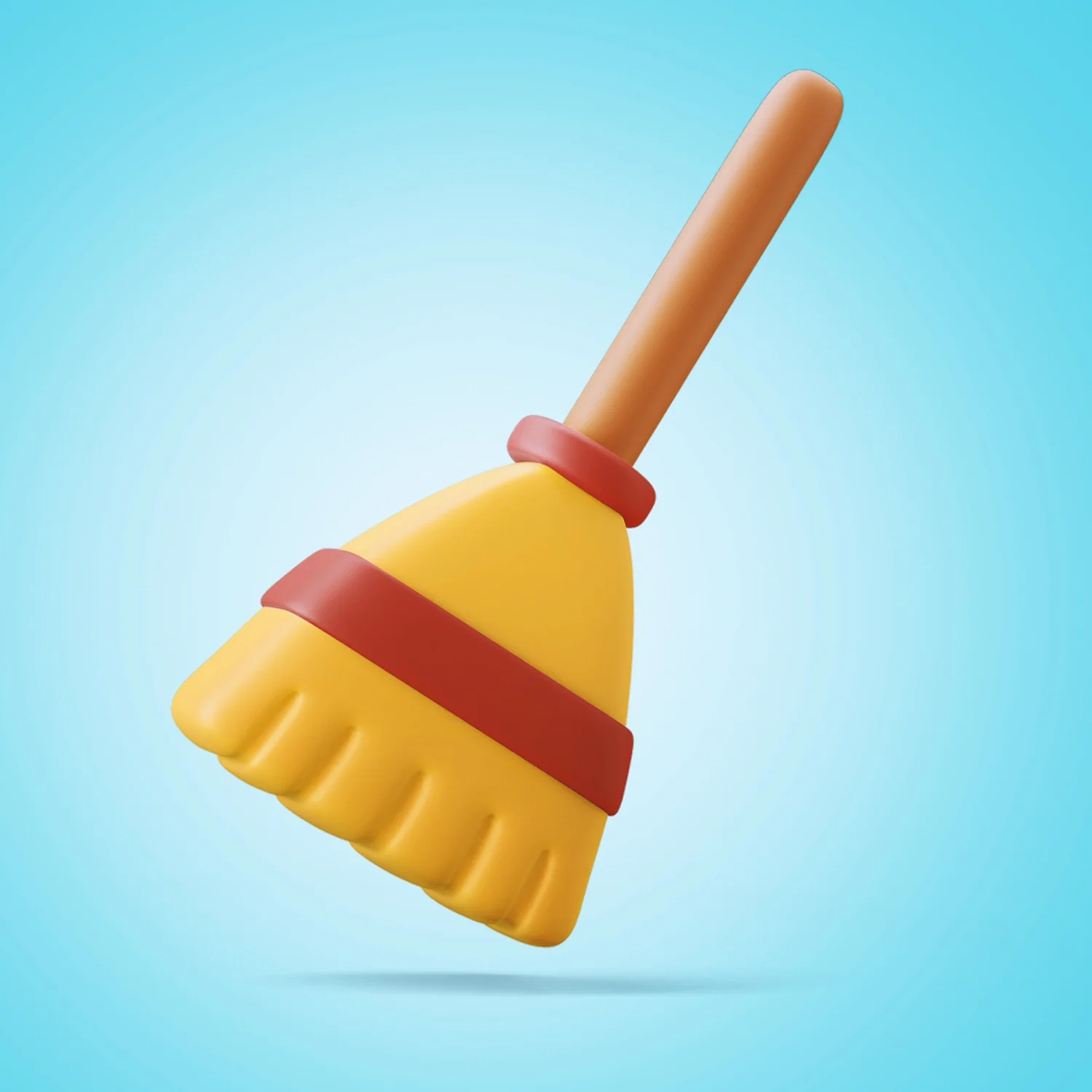 A yellow broom with a red band around the bristles, a red band around the base of the handle, and a tan handle, floating against a light blue background.
