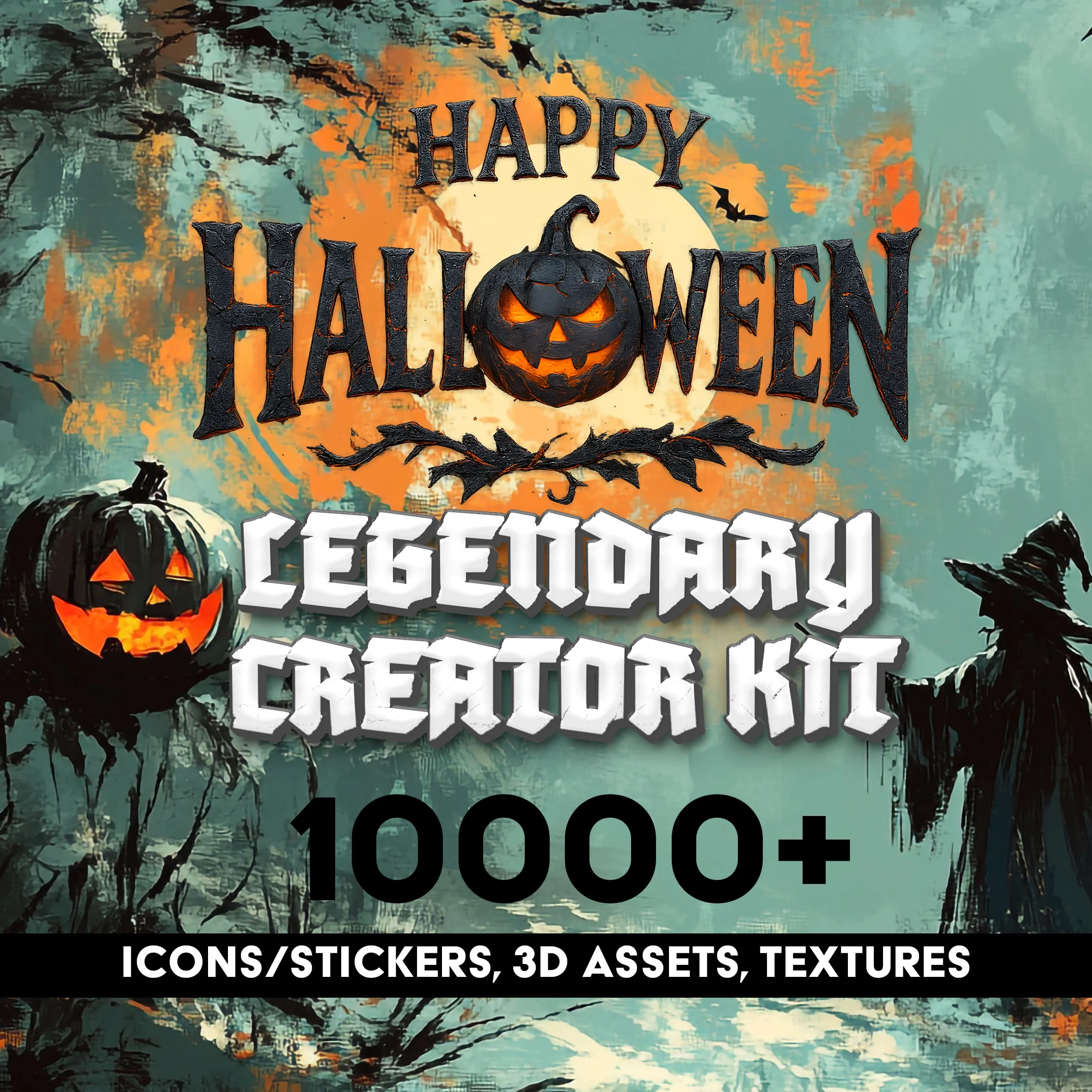 10,000 Halloween SVG and sticker bundle cover with pumpkin, witch, and spooky creator kit design for Cricut, Canva, and digital crafting
