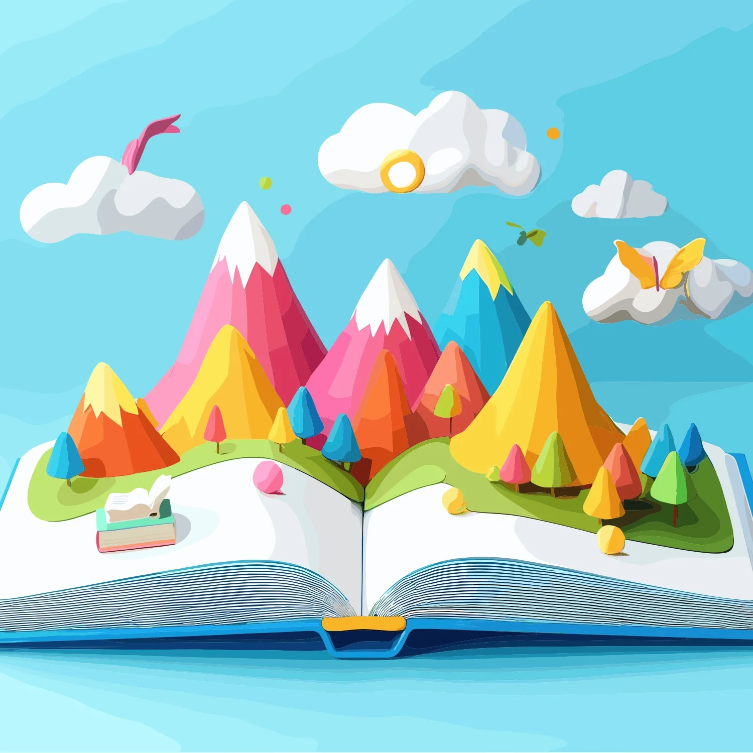 A colorful, open book with illustrated mountains, clouds, trees, a bird, and a butterfly emerging from its pages, creating a whimsical landscape.