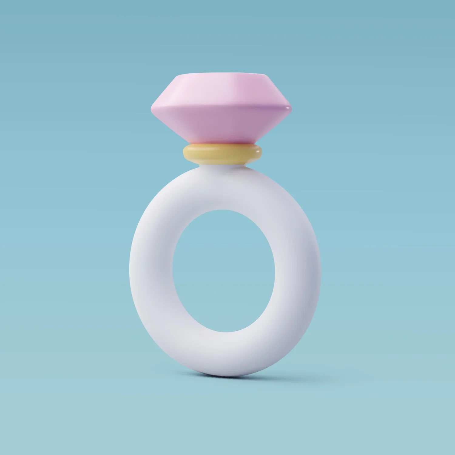 A large white ring with a pink, yellow, and purple plastic toy on top, set against a light blue background.