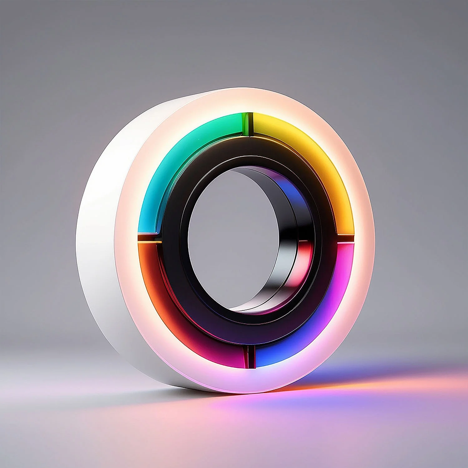 Colorful circular LED light sculpture on gray background.