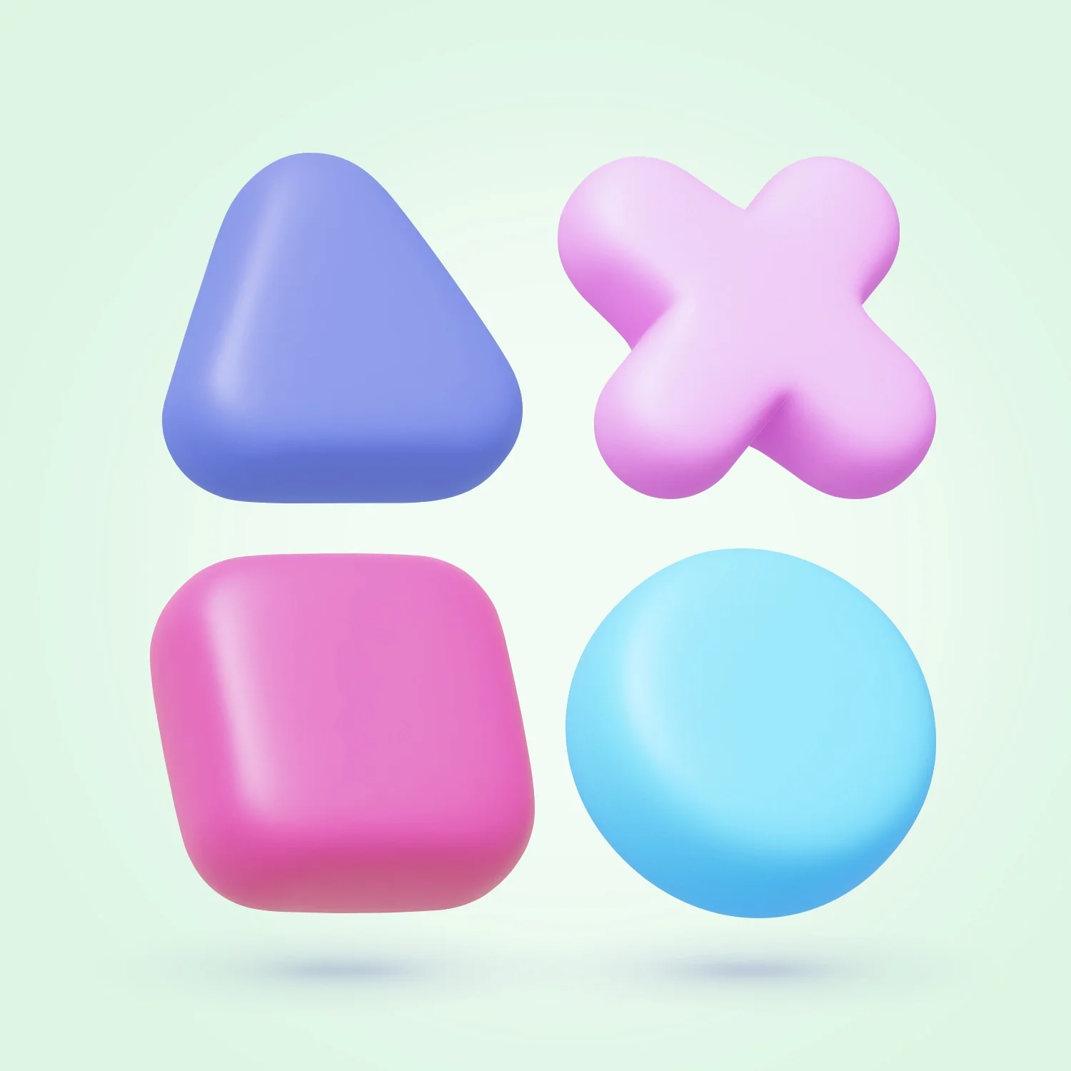 Four colorful 3D pills arranged in a 2x2 grid on a light background: purple triangle, pink X, pink square, blue circle.