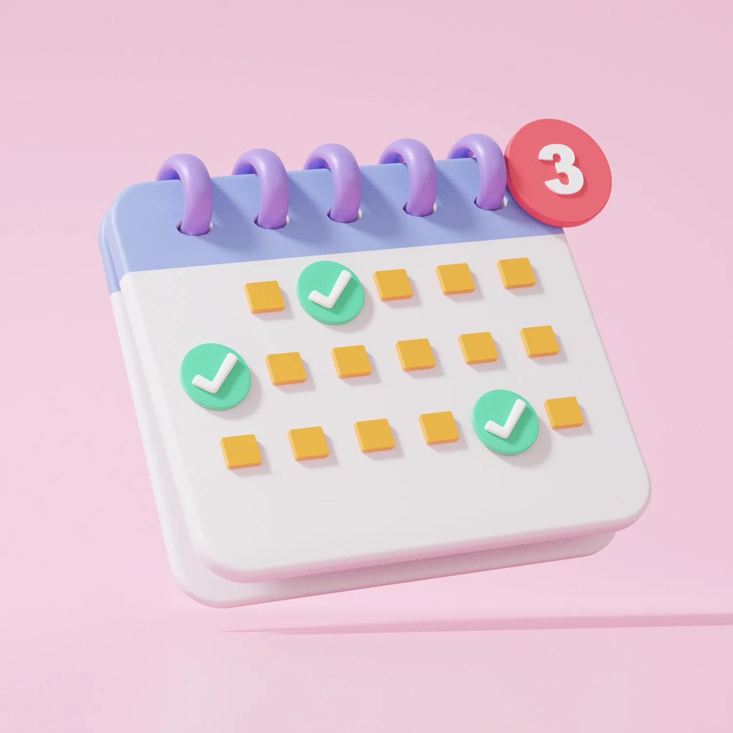 A colorful 3D illustration of a calendar with purple spiral binding, green check marks on some dates, and a pink circle with the number 3 on it, set against a pink background.