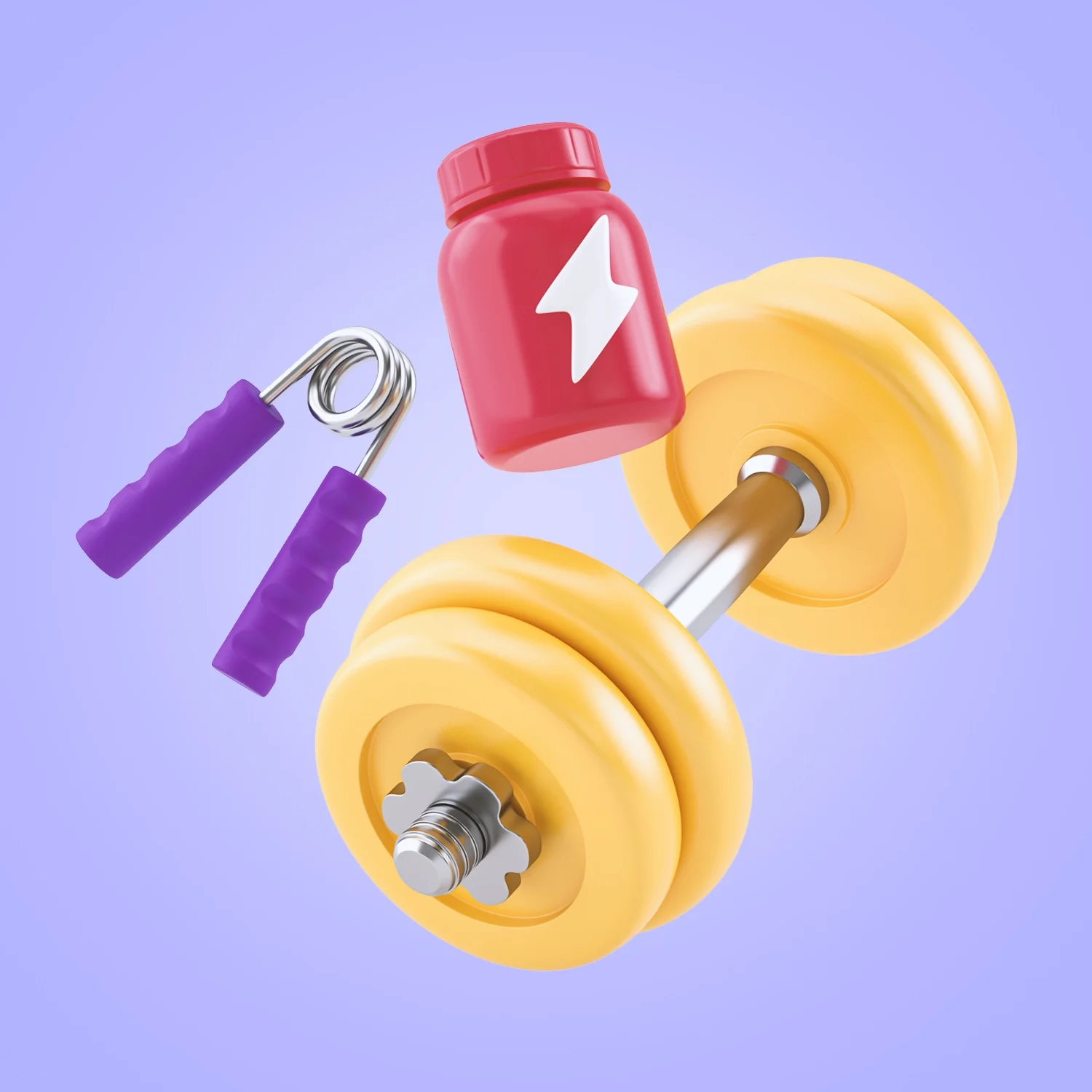 A yellow dumbbell, a red supplement jar with a lightning bolt symbol, and a purple hand gripper on a light purple background.