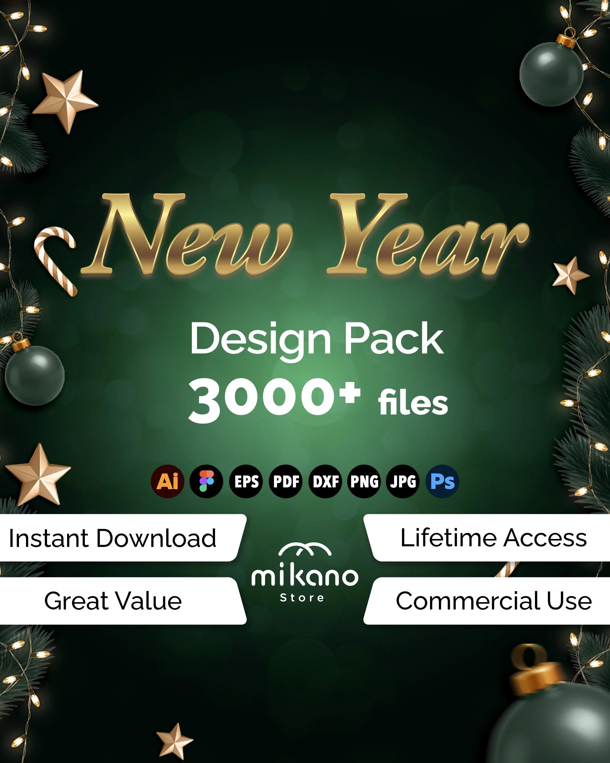New Year SVG design bundle cover featuring festive green background with gold ornaments, candy cane, stars, and string lights, highlighting over 3000 files for Cricut and Silhouette crafting