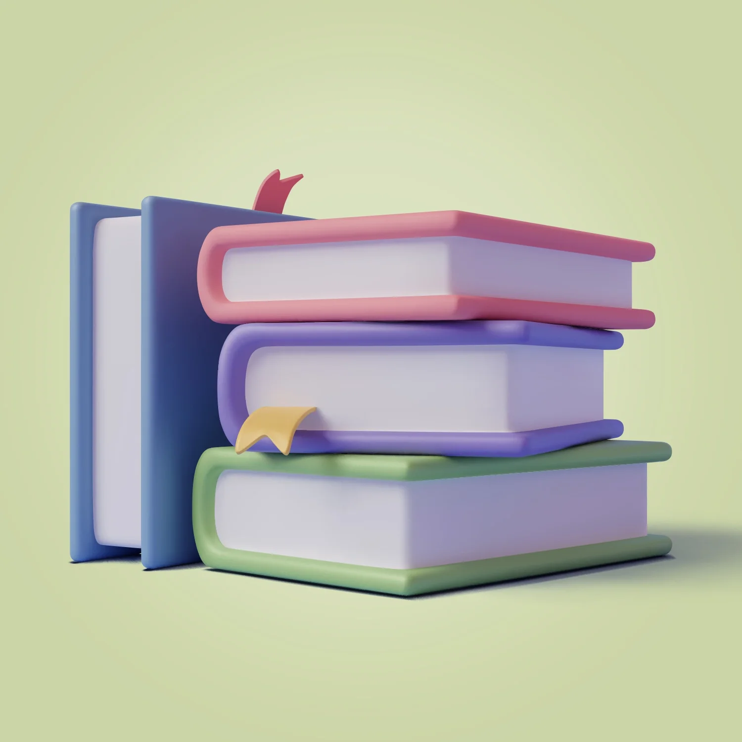Colorful stack of four books with bookmarks on pastel yellow background.