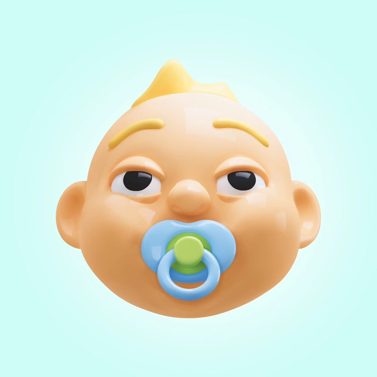 Toy baby face with pacifier, yellow hair, and sleepy expression on a light blue background.