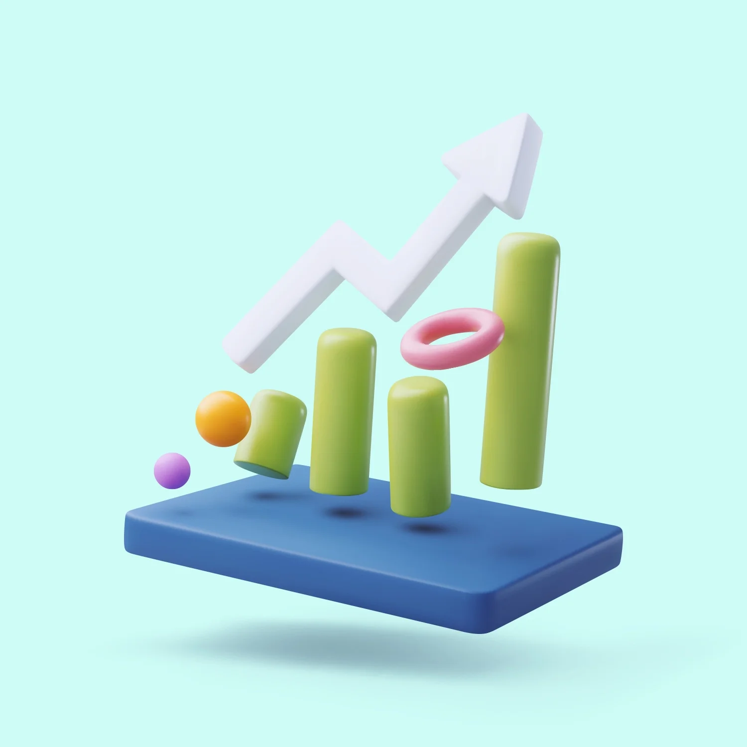 Abstract 3D geometric shapes including cylinders, spheres, a ring, and an upward arrow, set on a blue platform with a light blue background.