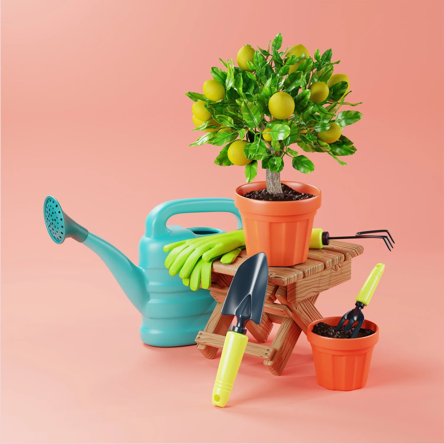 A small potted lemon tree, gardening gloves, a watering can, a small gardening fork, and a small gardening trowel placed on a wooden stand against a pink background.