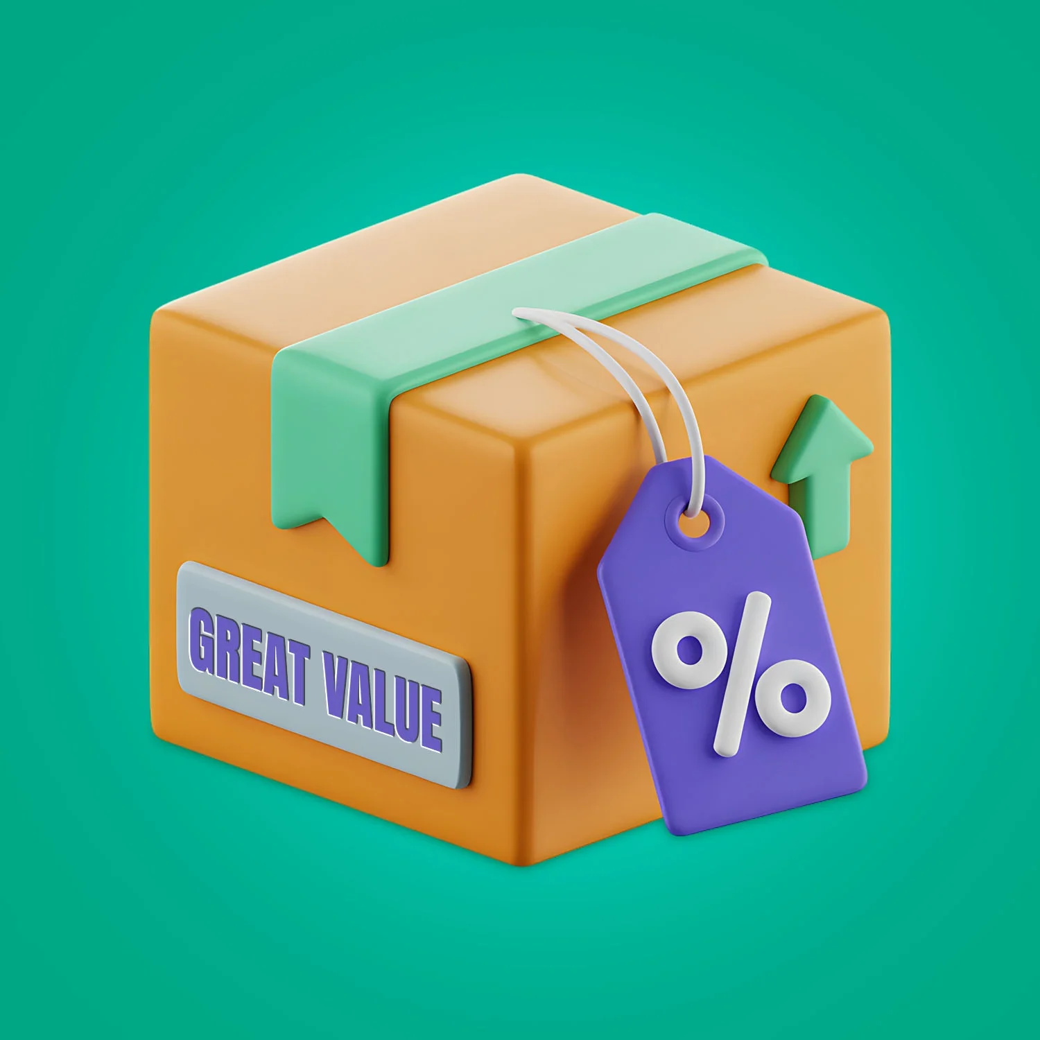 Colorful 3D illustration of a shopping box with a purple discount tag showing a percentage symbol, green upward arrow, speech bubble, and a sign reading 'Great Value' against a teal background.