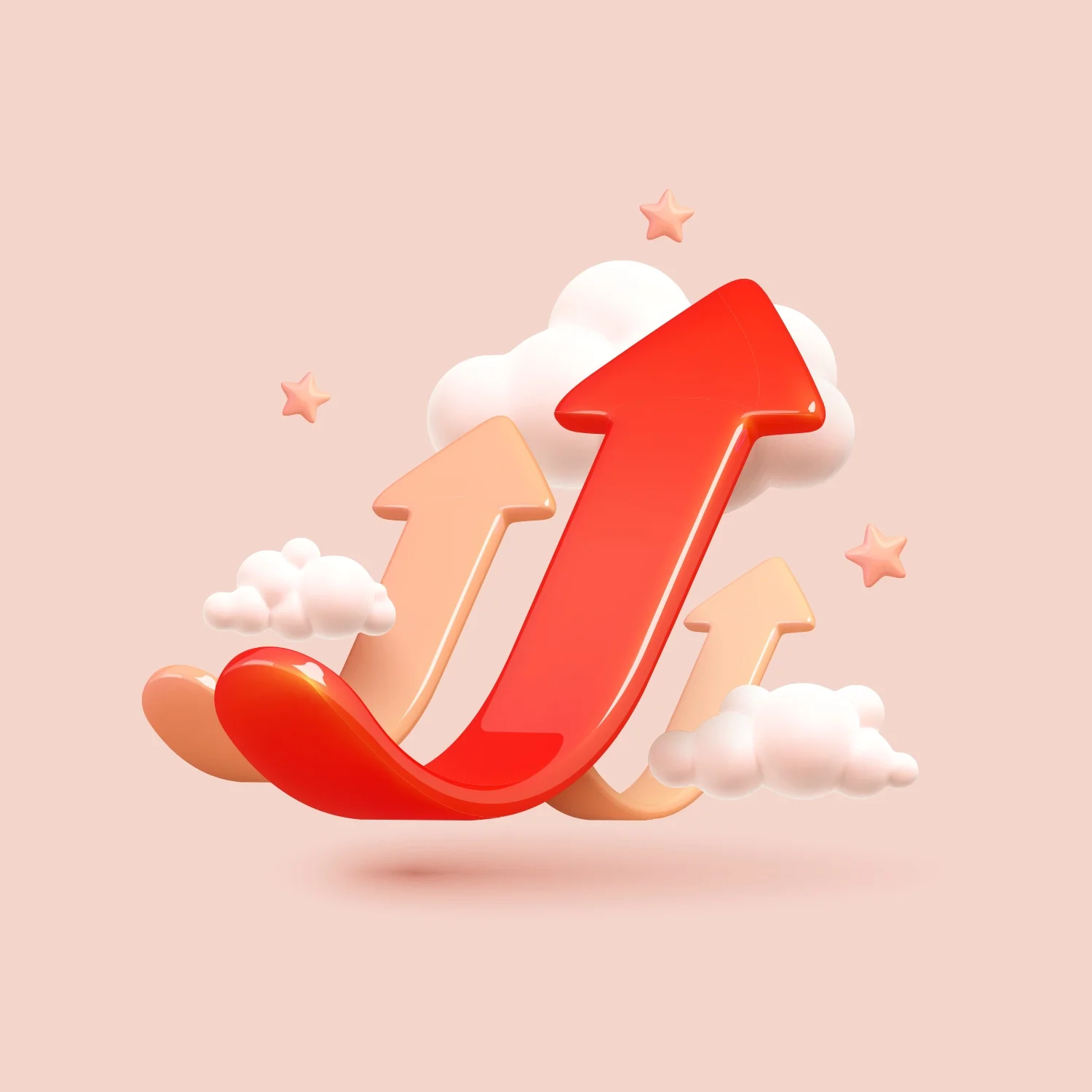 Three upward-pointing arrows in shades of red and beige, surrounded by clouds and pink stars, representing growth or progress.
