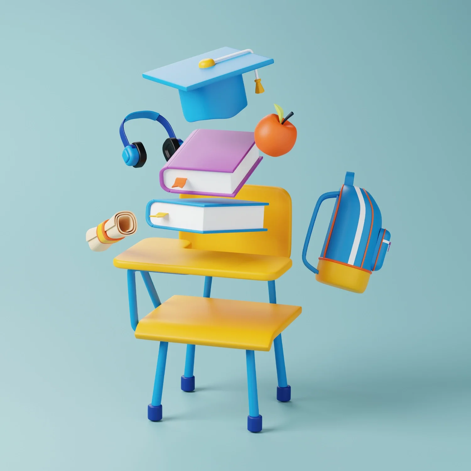 Colorful floating school supplies including a graduation cap, backpack, books, headphones, an apple, rolled-up papers, and a pencil, arranged around a yellow and blue desk and chair.