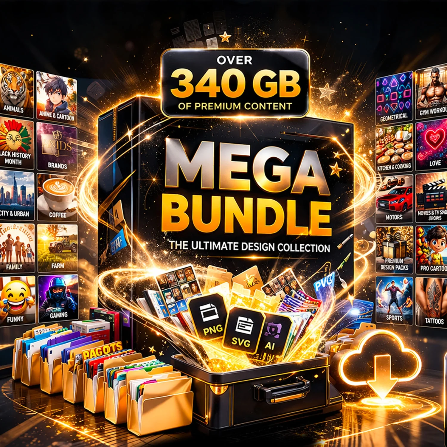 Promotional graphic for a digital content bundle offering over 340 GB of premium content, including various design files and media formats, with a vibrant design featuring icons, folders, and a glowing effect.