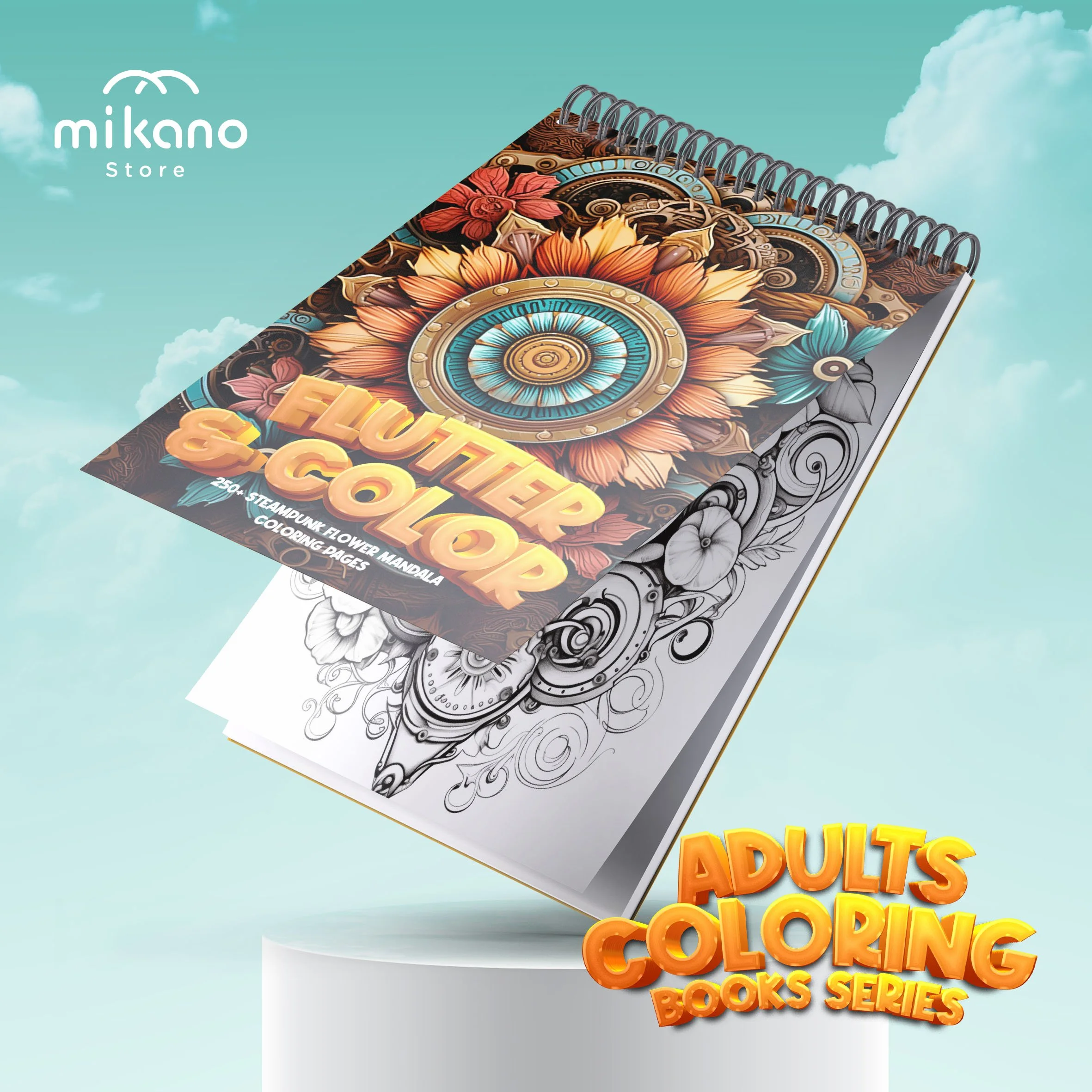 Steampunk Flower Mandala Coloring Book – Printable Adult Art Pages (Digital Download)