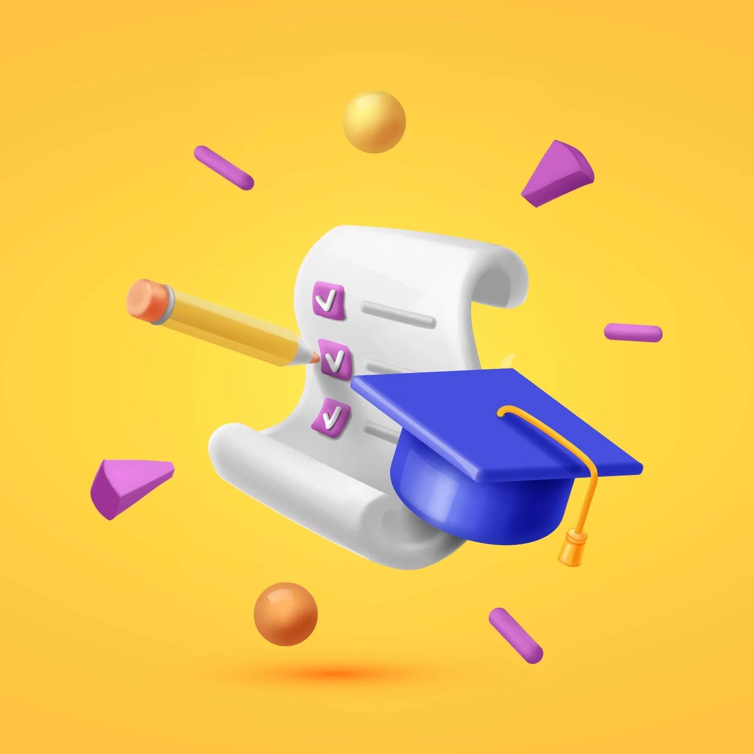Animation of a checklist with three checks, a pencil, a graduation cap, and colorful geometric shapes on a yellow background.