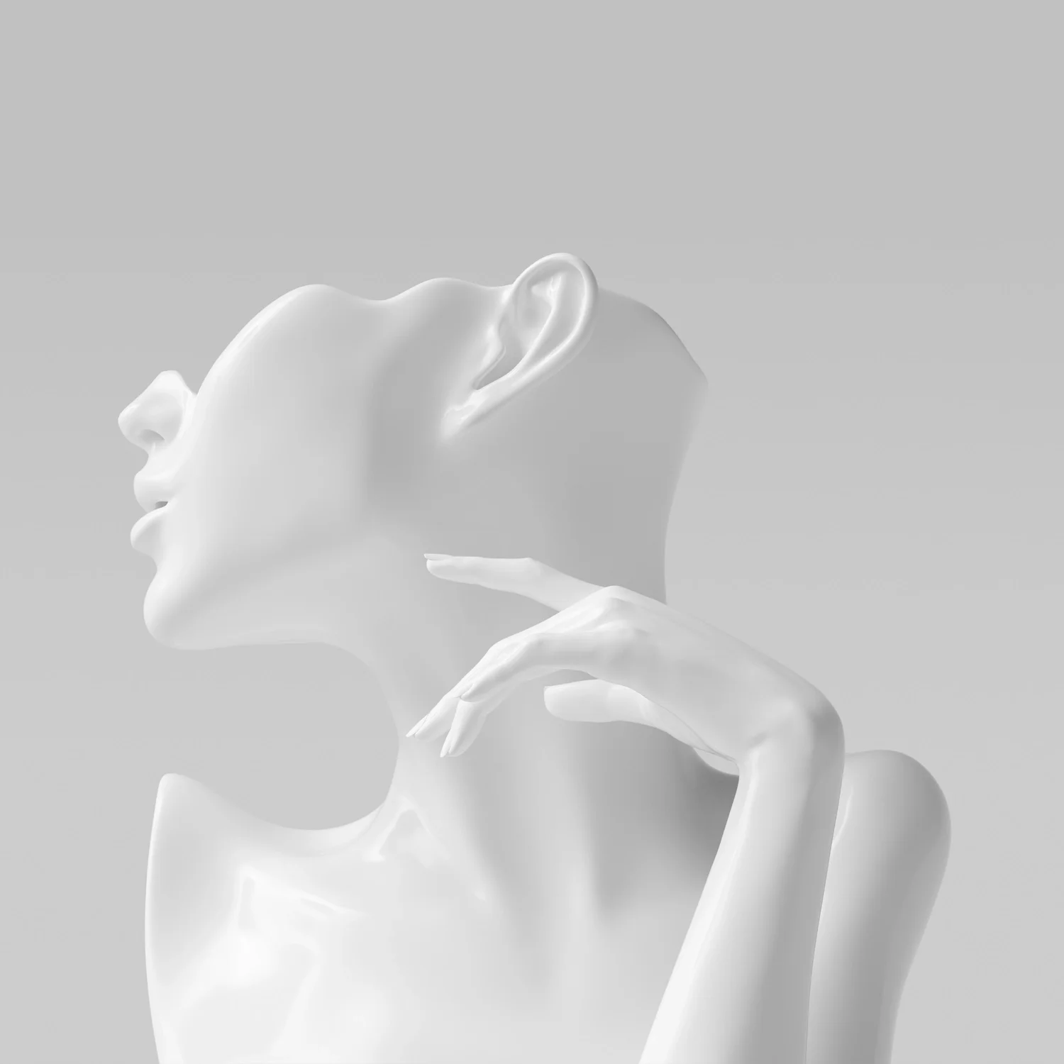A white, abstract mannequin or sculpture of a woman with a focus on her face and hand, posed with her hand near her chin, against a gray background.