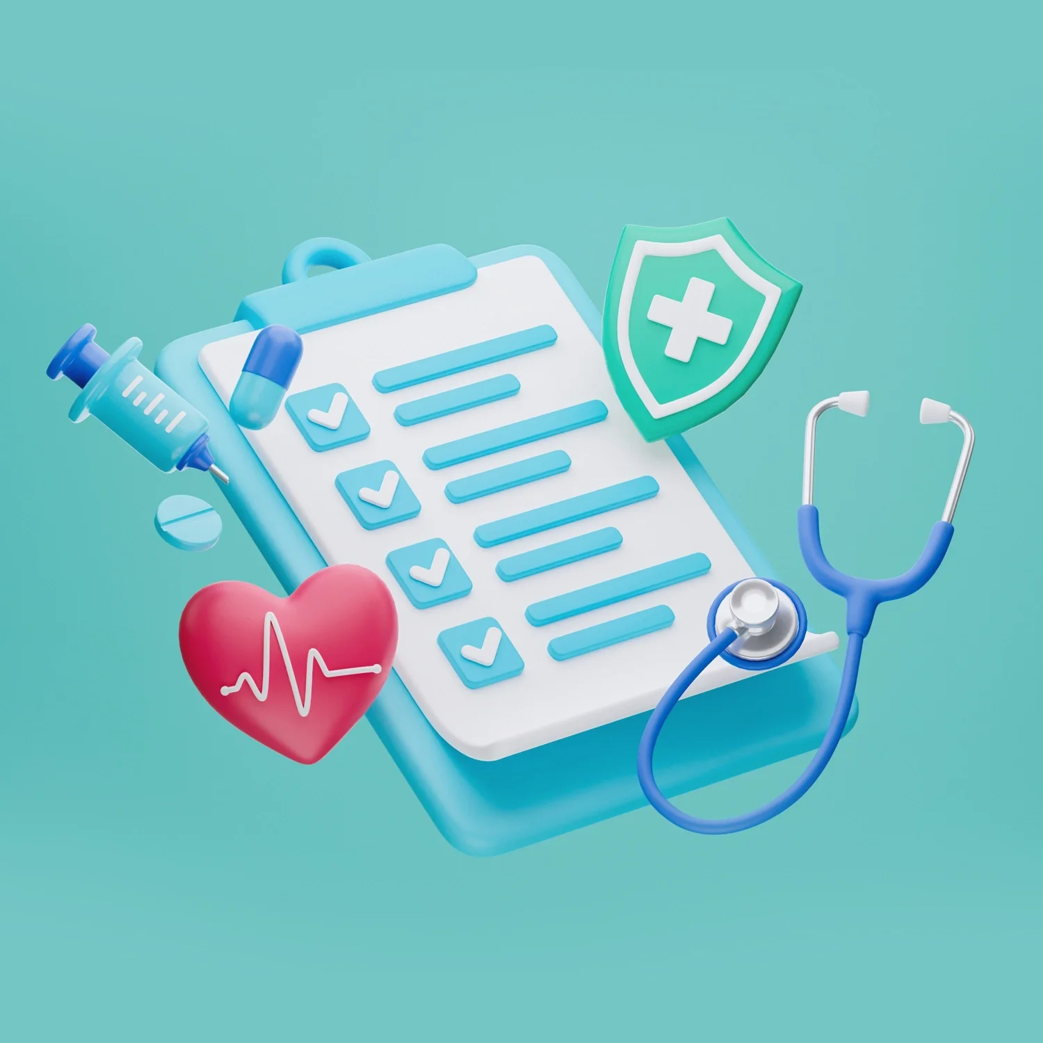 A digital illustration of healthcare items including a clipboard with checkmarks, a syringe, pills, a stethoscope, a staff shield, and a heart with an EKG line on it, set against a teal background.