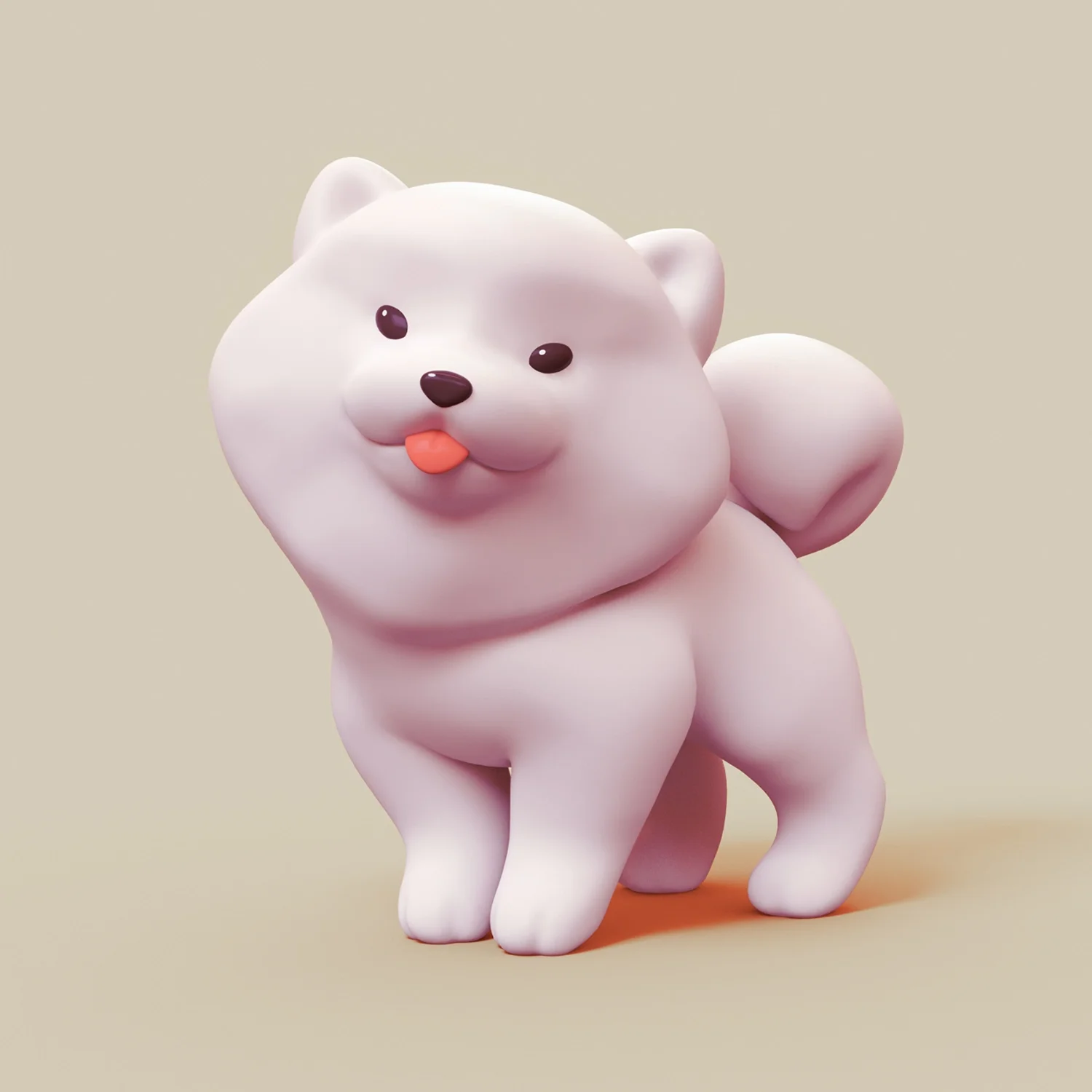 A cute, cartoon-style dog figurine with a large, fluffy head, small body, and a friendly expression, sticking out its tongue, against a plain beige background.