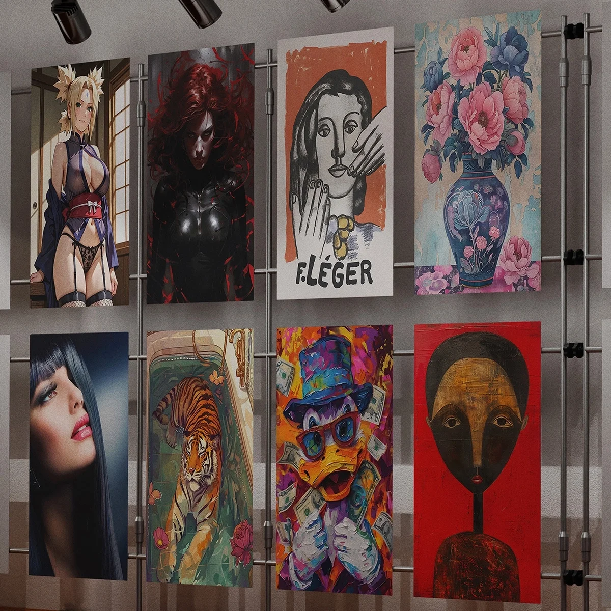 Collection of ten colorful art posters displayed on a grid wall, featuring a mix of portrait paintings, abstract art, and illustrations, including a woman in lingerie, a woman in black latex, a line drawing of a woman with the word 'FLEGER', a floral vase, a close-up of a woman with black hair, a tiger among flowers, a cartoon duck with money, and an African mask.