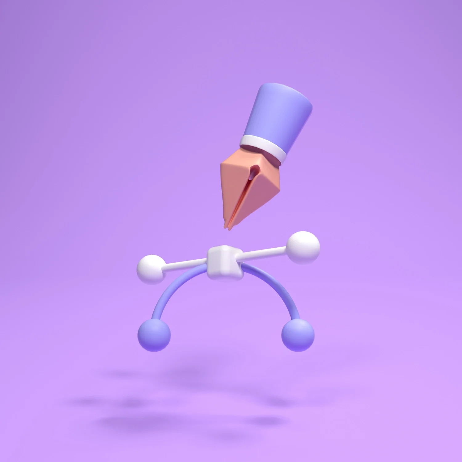 An abstract digital illustration of a purple atom with a fountain pen nib floating above it, set against a purple background.