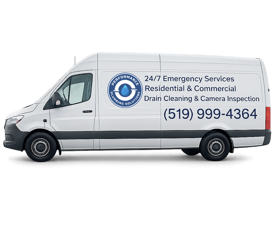 White Performance Plumbing Solutions service van with company logo, phone number, and text advertising emergency plumbing services, drain cleaning, and camera inspections.