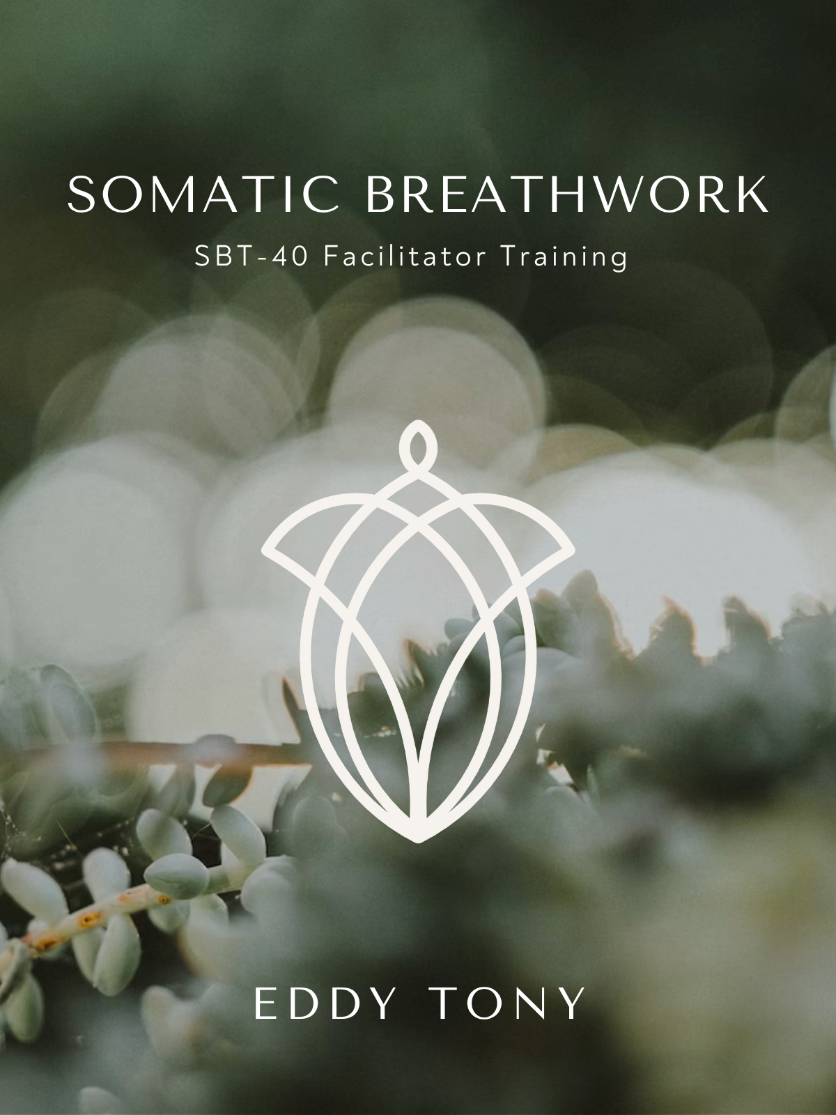 Promotional image for "Somatic Breathwork" SBT-40 facilitator training by Eddy Tony, featuring a white geometric logo over a blurred natural background.