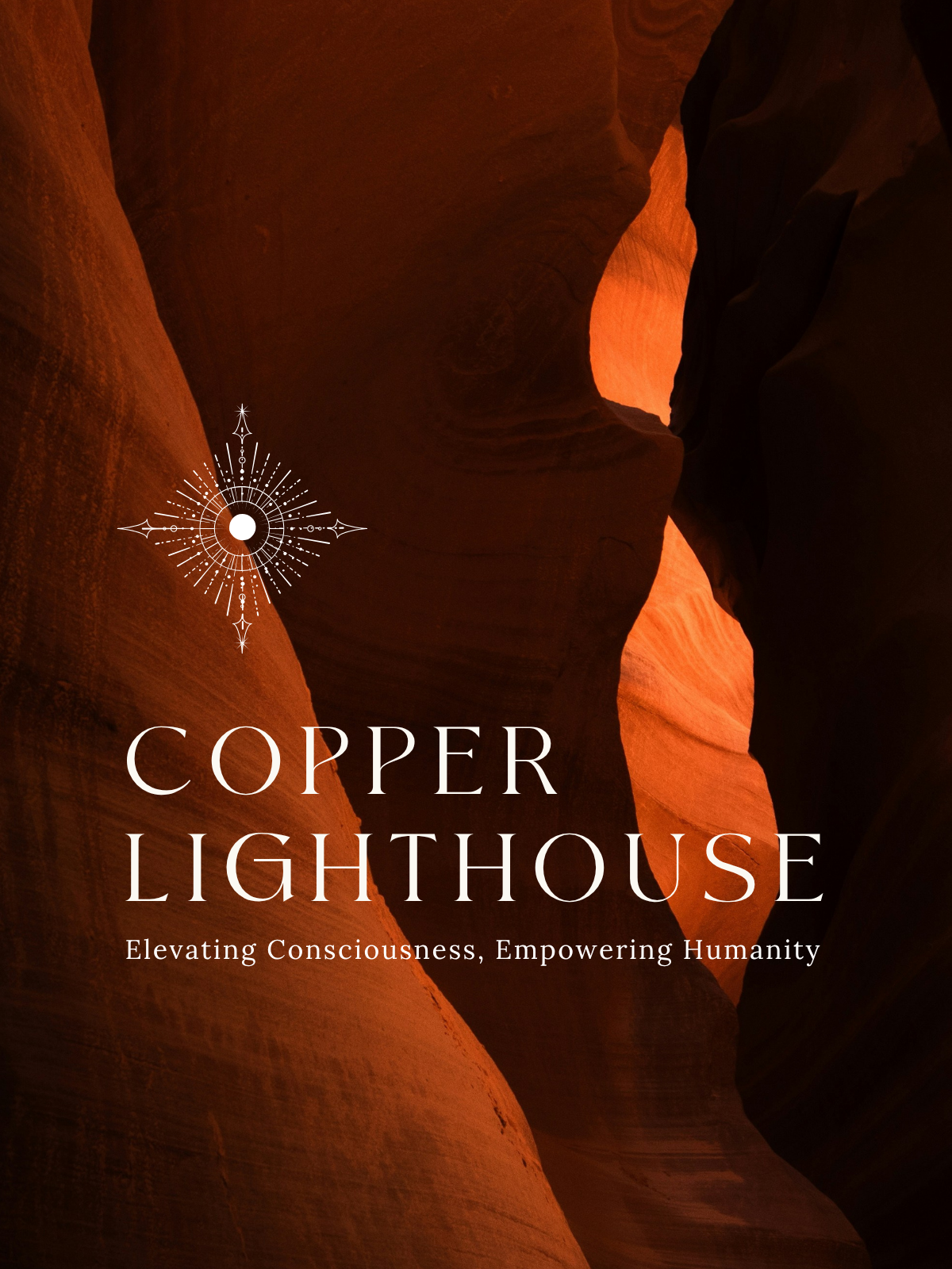 Abstract rocky canyon background with text overlay "Copper Lighthouse: Elevating Consciousness, Empowering Humanity" and a decorative circular design.