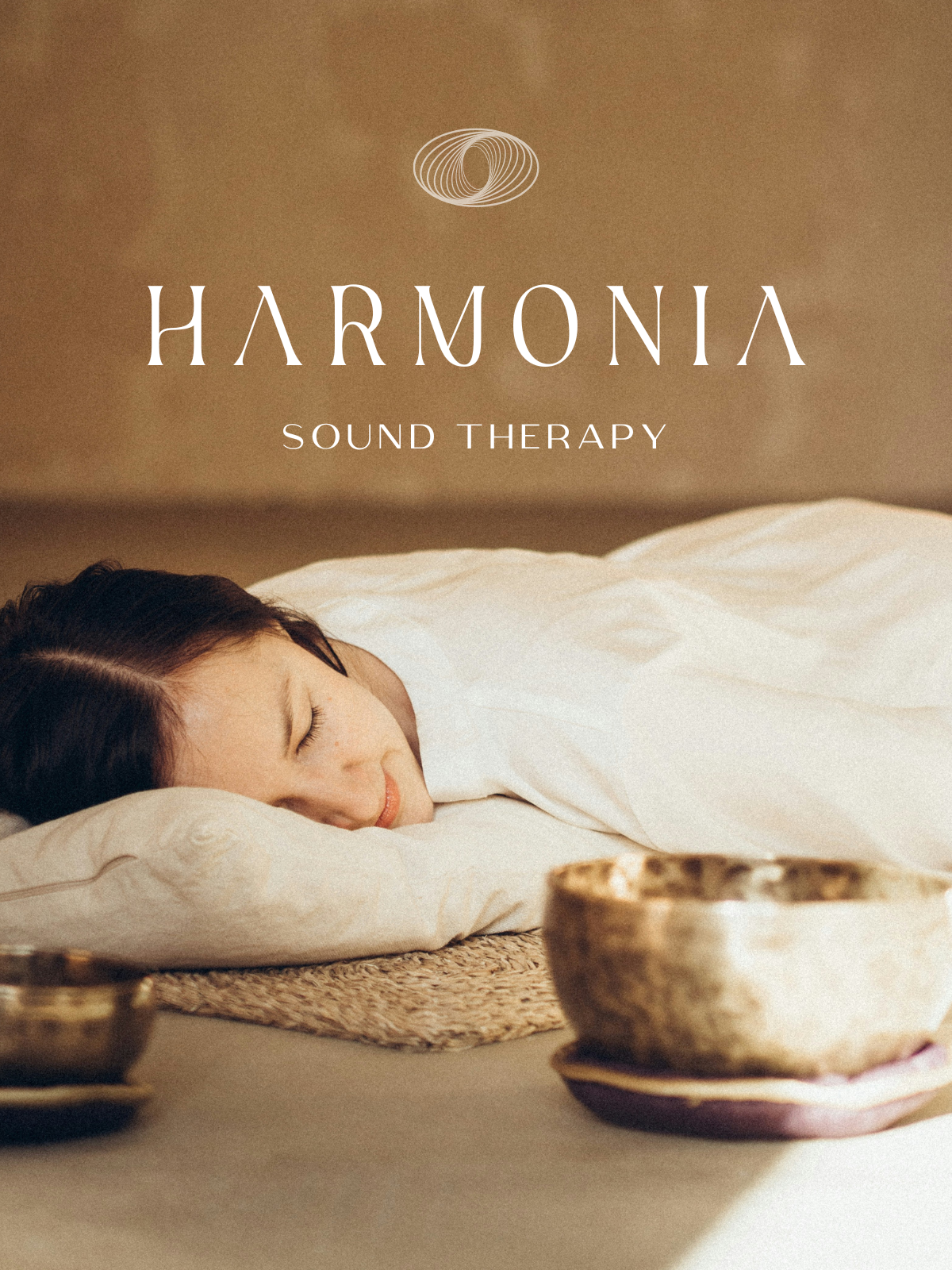 Person lying on a pillow with Tibetan singing bowls, text "Harmonia Sound Therapy" above.