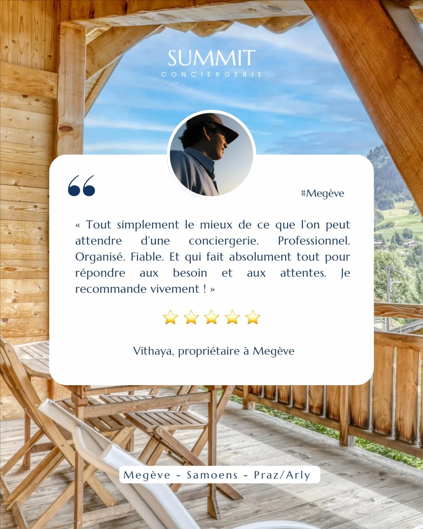 ⭐️⭐️⭐️⭐️⭐️

&laquo; Professionnel, fiable, organis&eacute;, toujours &agrave; l&rsquo;&eacute;coute &raquo; &ndash; ce sont les mots de nos clients.

Chez Summit Conciergerie, chaque mission est unique : pr&eacute;paration de votre chalet avant la sa