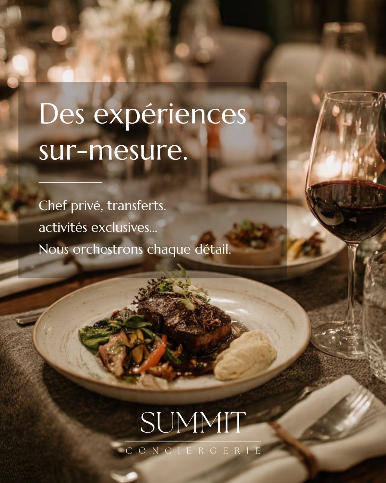 Chef priv&eacute;.
Transferts priv&eacute;s.
Tables pris&eacute;es.
Activit&eacute;s exclusives.
Adresses confidentielles.

Chez Summit Conciergerie, nous imaginons des s&eacute;jours enti&egrave;rement sur-mesure &agrave; Meg&egrave;ve et Courchevel