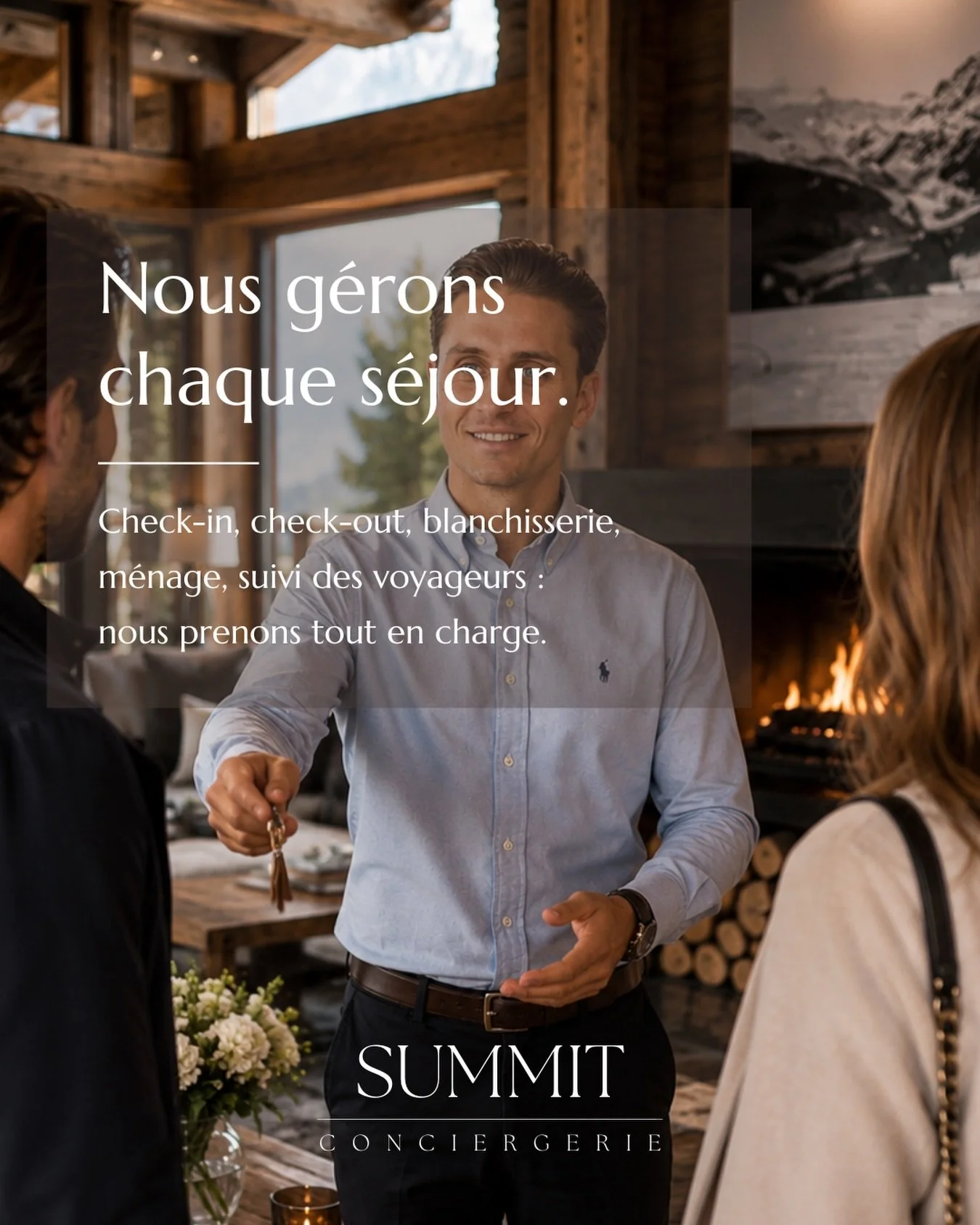 Un s&eacute;jour r&eacute;ussi commence bien avant l&rsquo;arriv&eacute;e des voyageurs.

Un chalet parfaitement pr&eacute;par&eacute;.

Une arriv&eacute;e fluide.

Des voyageurs accompagn&eacute;s.

Des impr&eacute;vus anticip&eacute;s.

Chez Summit