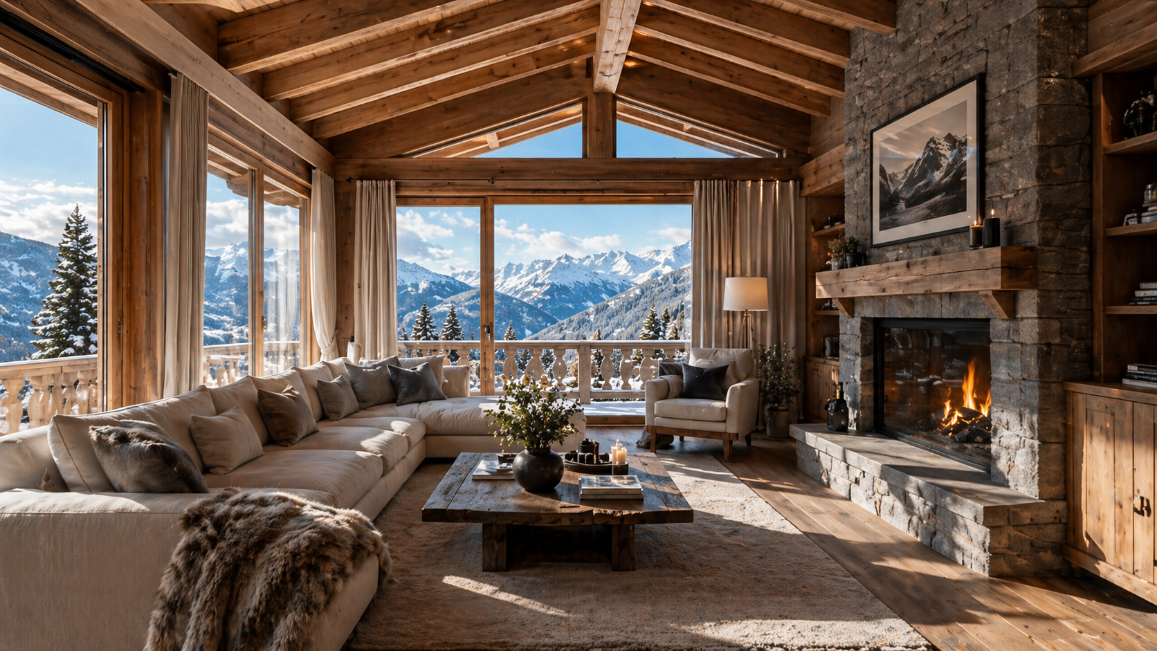 Salon de montagne avec cheminée en pierre, grande baie vitrée offrant une vue sur les montagnes enneigées, canapé en tissu beige avec plusieurs coussins, table en bois rustique avec des livres et des bougies, décorations naturelles et lumineuses.