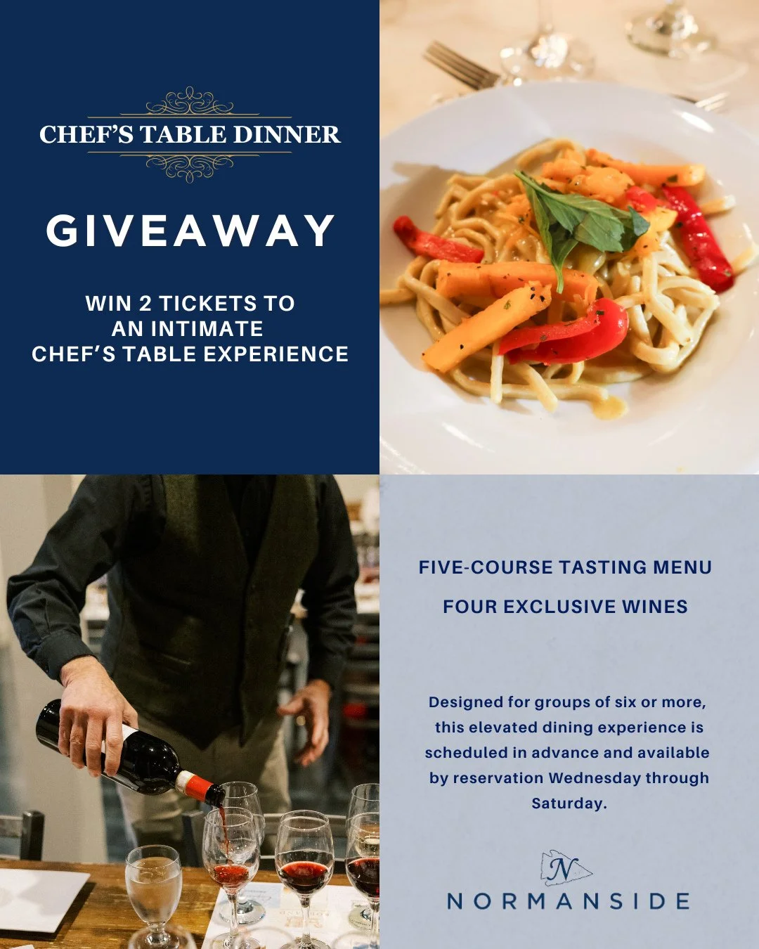 GIVEAWAY ✨🍷⁠
We&rsquo;re giving away two tickets to our Normanside Chef&rsquo;s Table Experience.⁠
⁠
Enjoy a five-course tasting menu thoughtfully paired by our chef with four exclusive wines. This experience is designed for six or more guests, so b