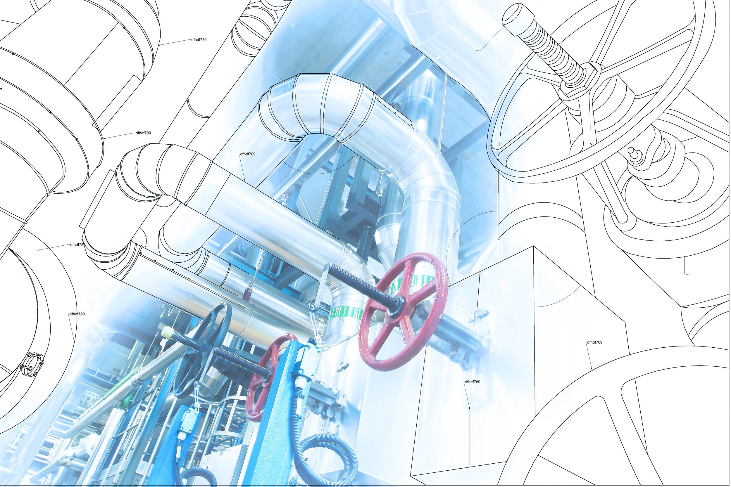 Digital illustration of an industrial piping system with metal pipes, valves with red handles, and a partially rendered technical blueprint background.